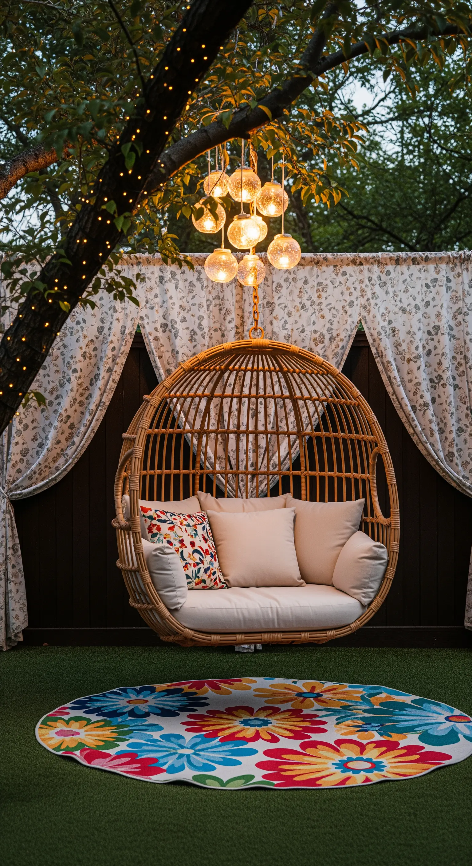 Grande poltrona sospesa in rattan con cuscini, davanti a una tenda a motivi floreali.
