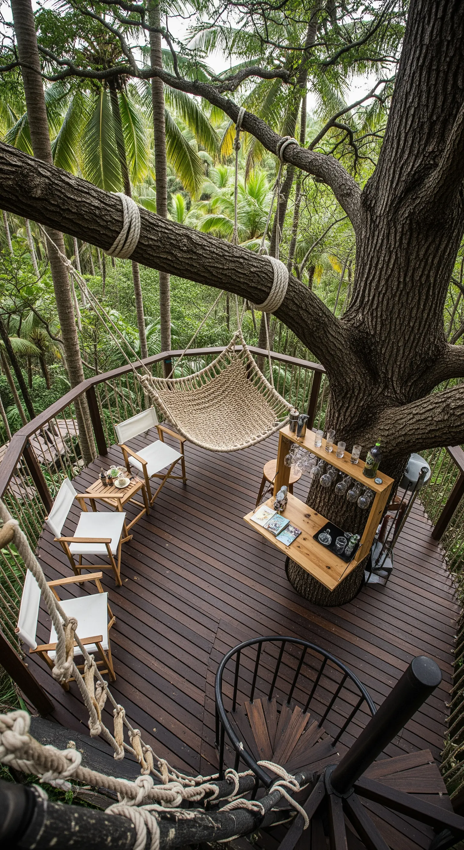 Piattaforma in legno costruita attorno a un albero, con amaca, sedie e un piccolo bar.