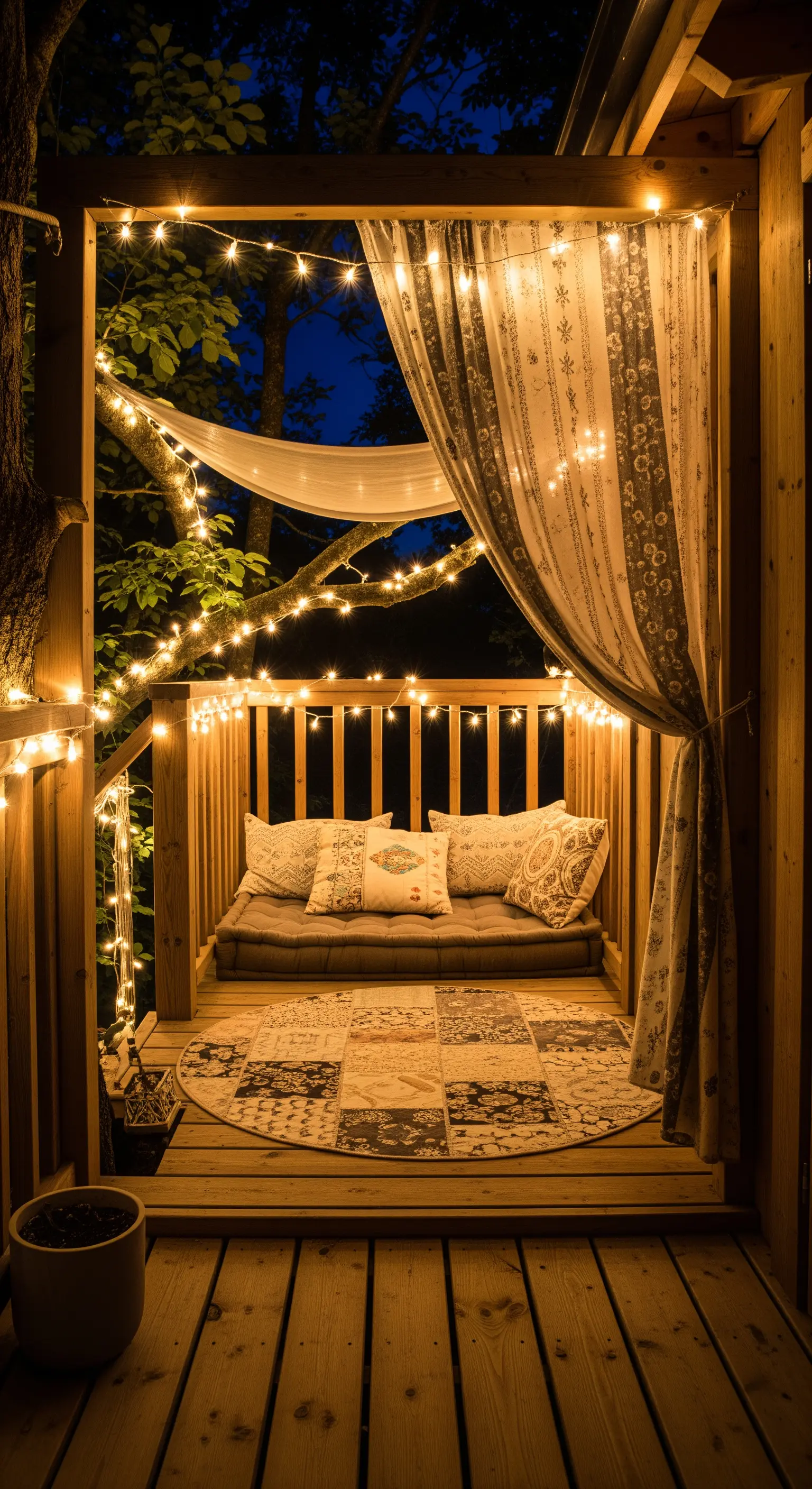 Piccolo balcone di una casa sull'albero illuminato da lucine, con tappeto e cuscini.