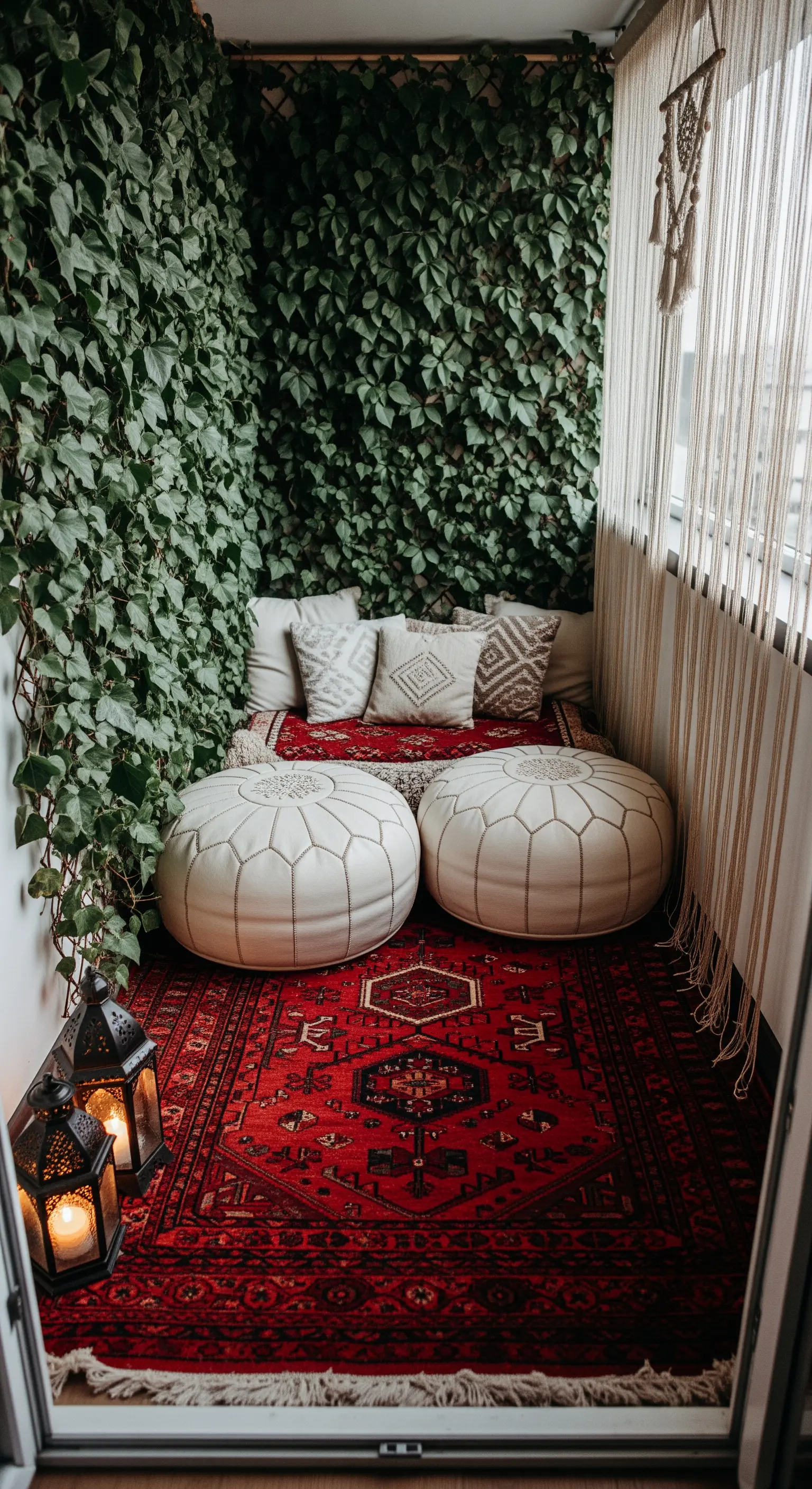 Piccolo balcone con parete di edera, tappeto persiano rosso, cuscini e pouf bianchi.