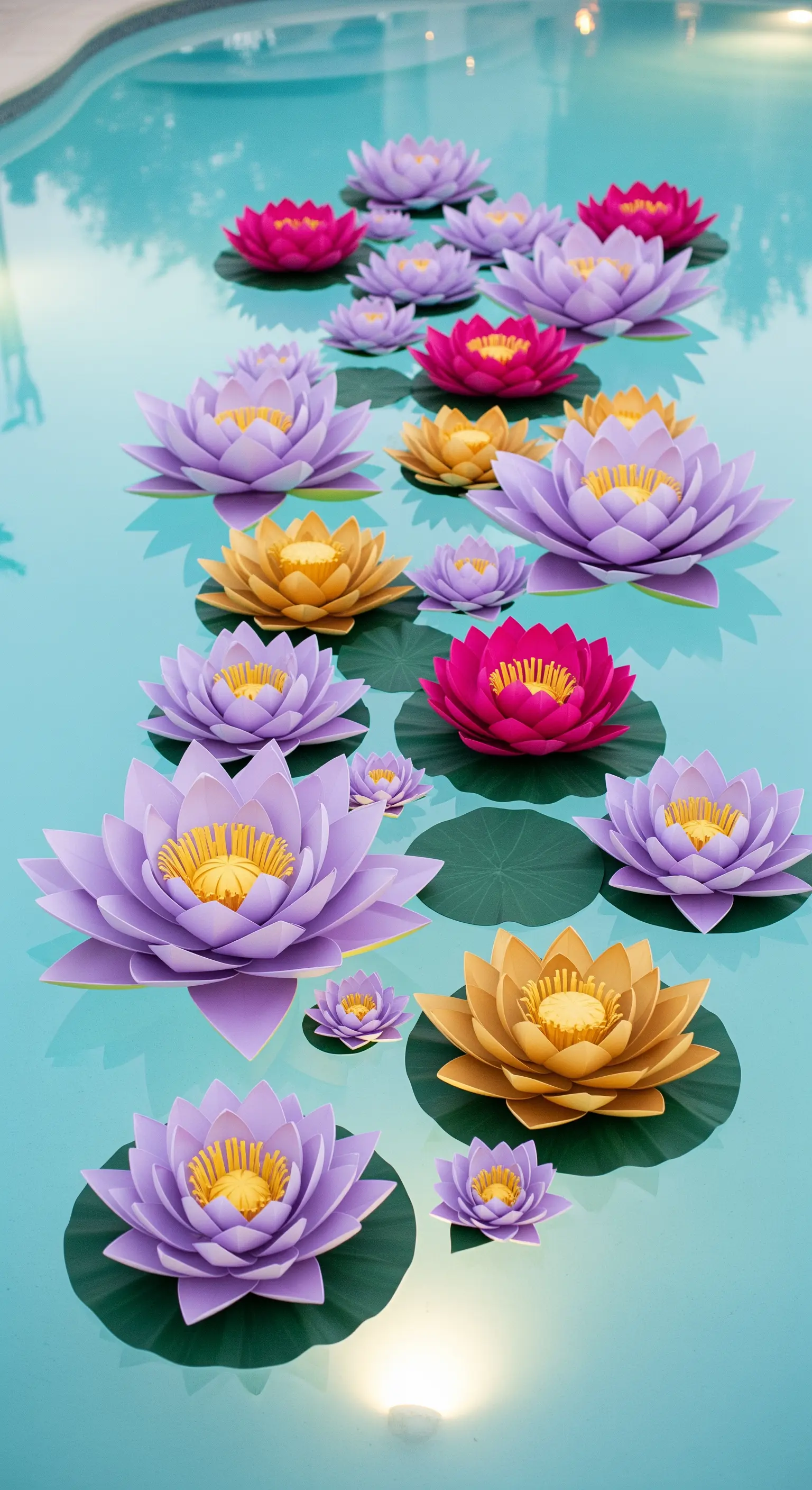 Ninfee di carta viola, rosa e gialle galleggiano sull'acqua di una piscina.