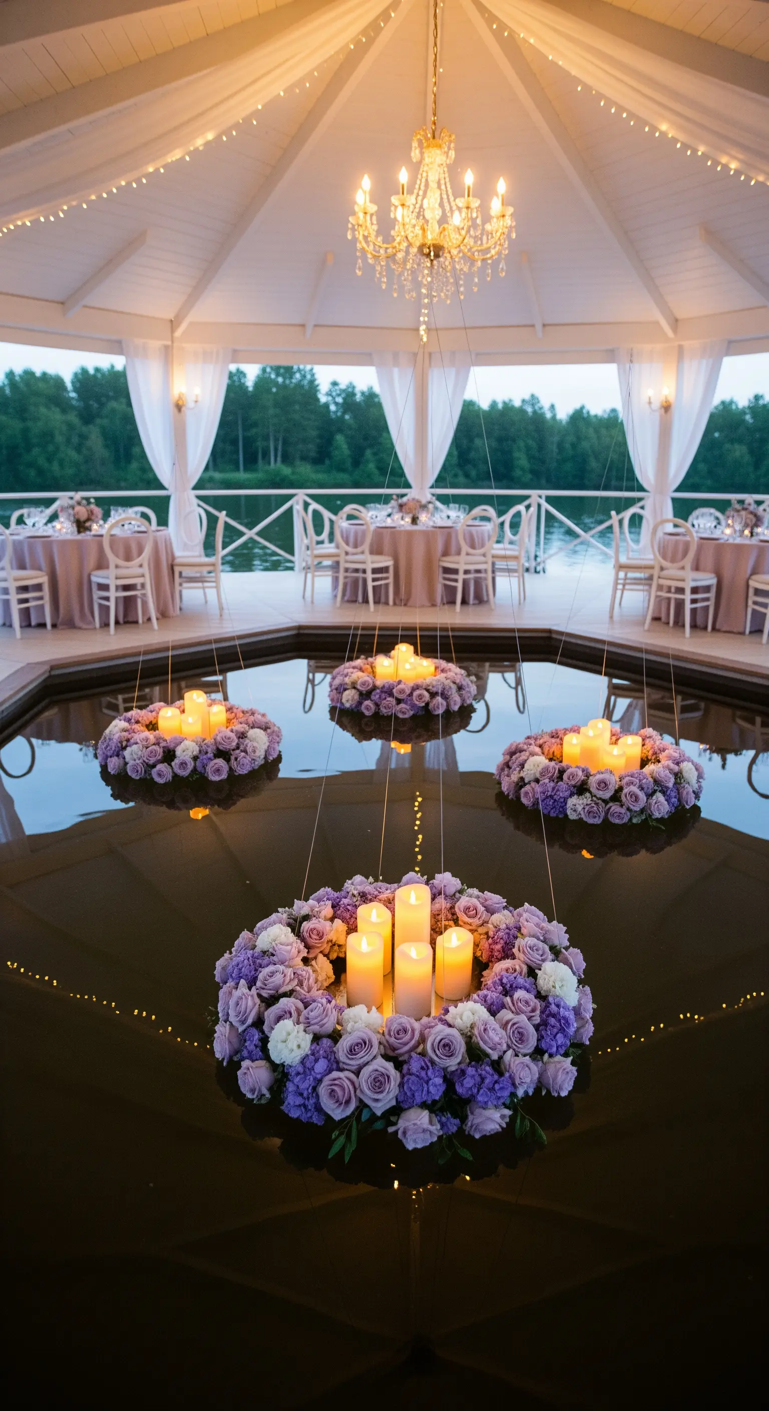 Corone di fiori viola e bianchi con candele che galleggiano sull'acqua di una fontana in un gazebo.