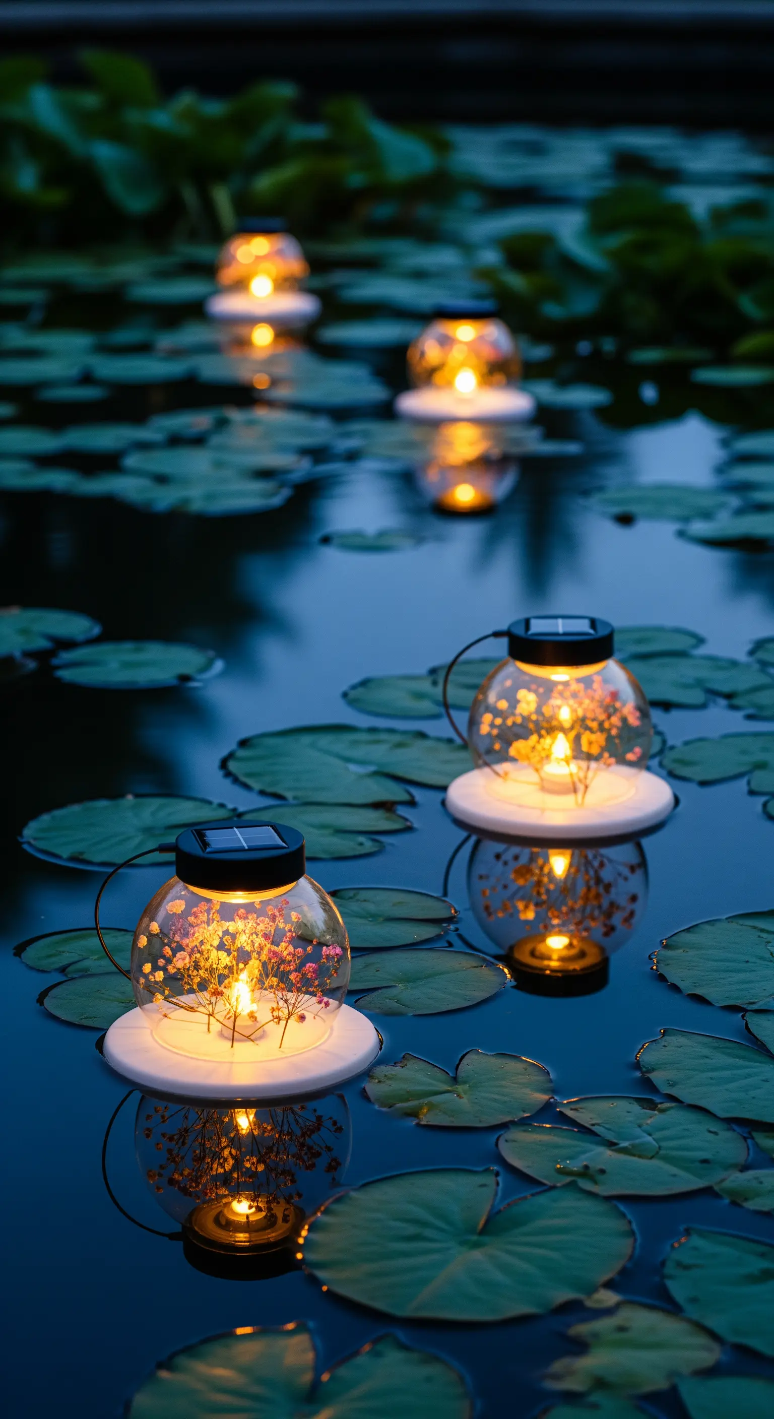 Lanterne solari galleggianti tra le ninfee di un laghetto al crepuscolo.