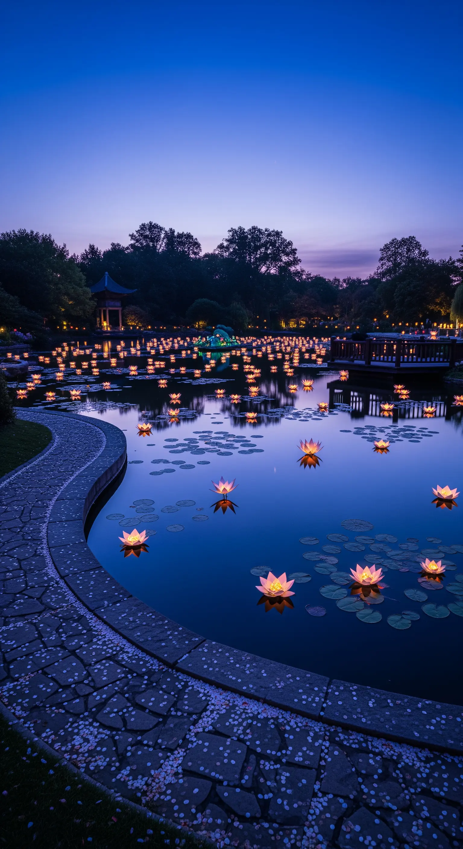 Lago al crepuscolo con lanterne galleggianti a forma di fiore di loto e ninfee illuminate.