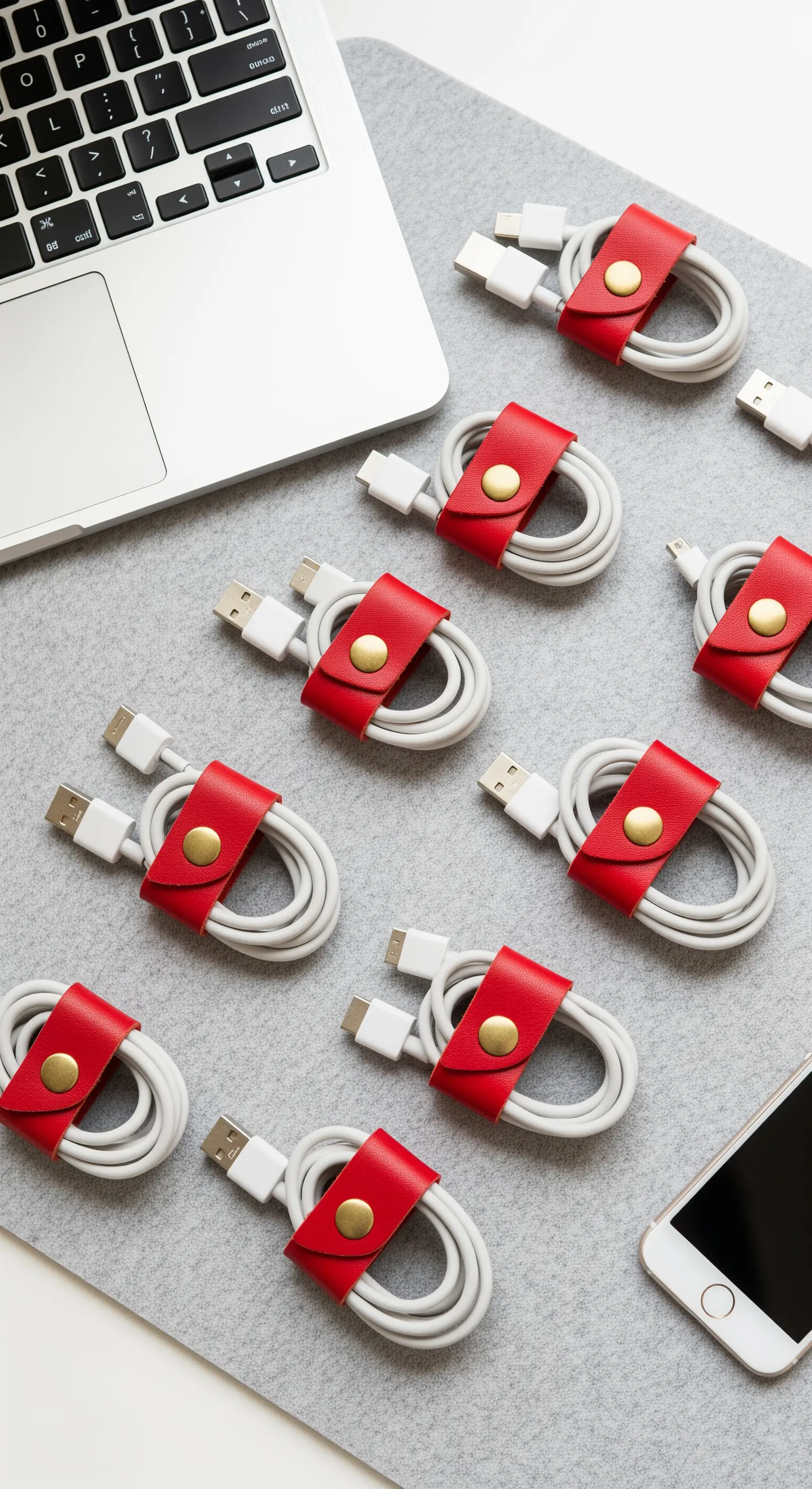 Fascette fermacavi in pelle rossa con bottoni a pressione dorati organizzano cavi bianchi.