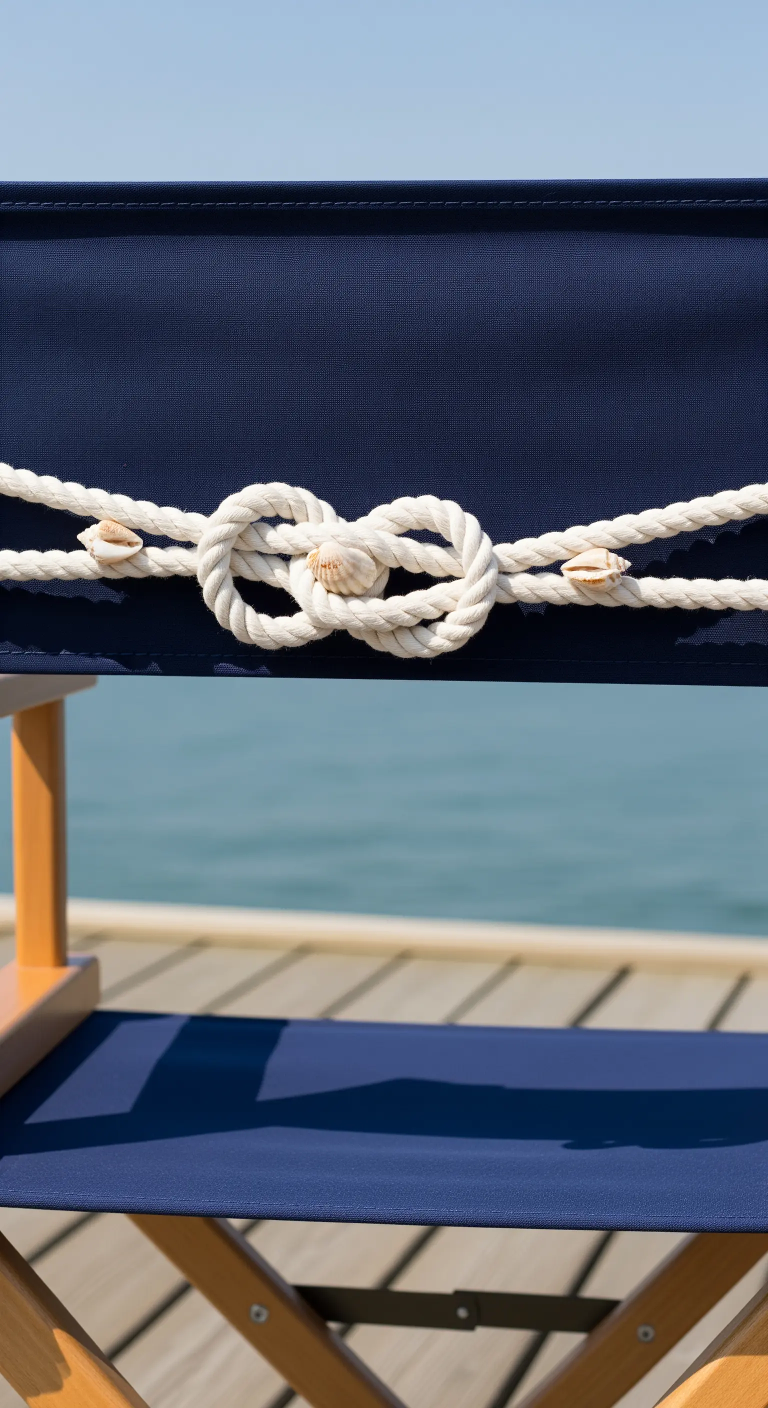 Schienale di una sedia da regista blu con una corda bianca intrecciata a nodo e piccole conchiglie.