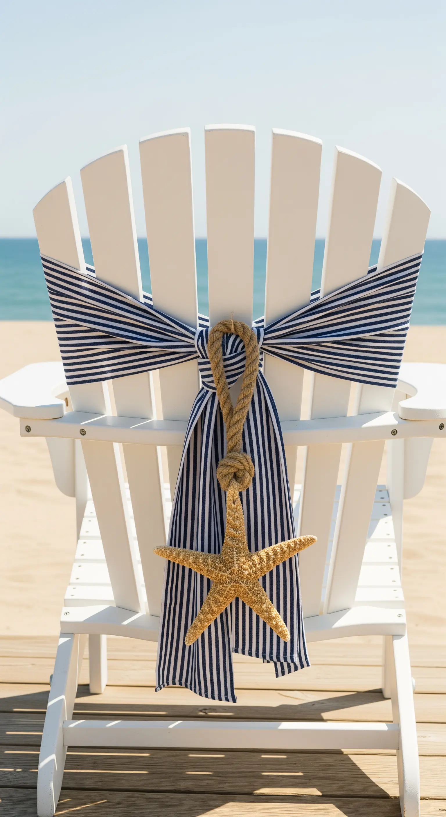 Sedia bianca da spiaggia con fiocco a righe bianche e blu, corda di iuta e stella marina.