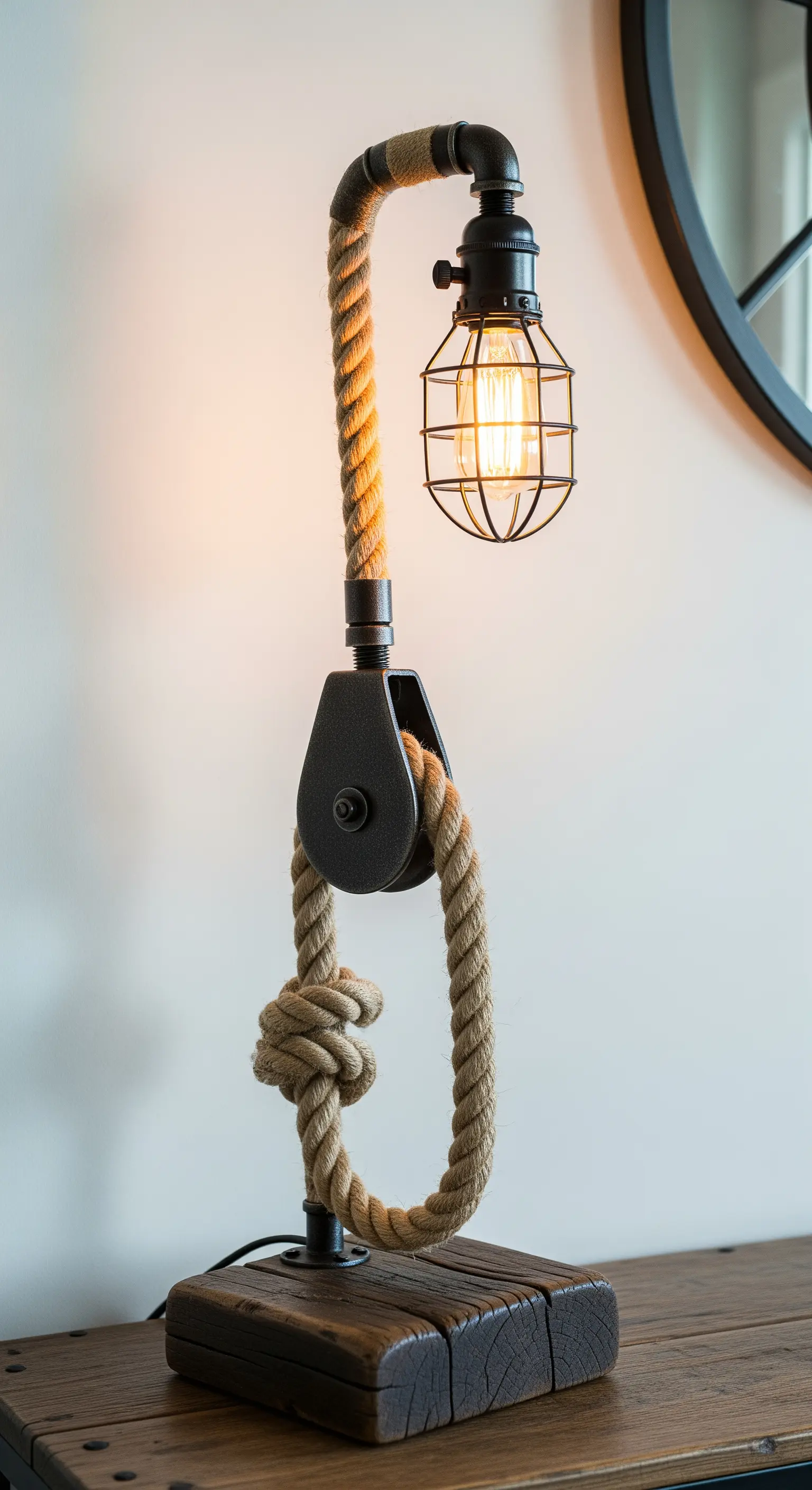 Lampada in stile nautico con base in legno, carrucola e corda di iuta spessa.