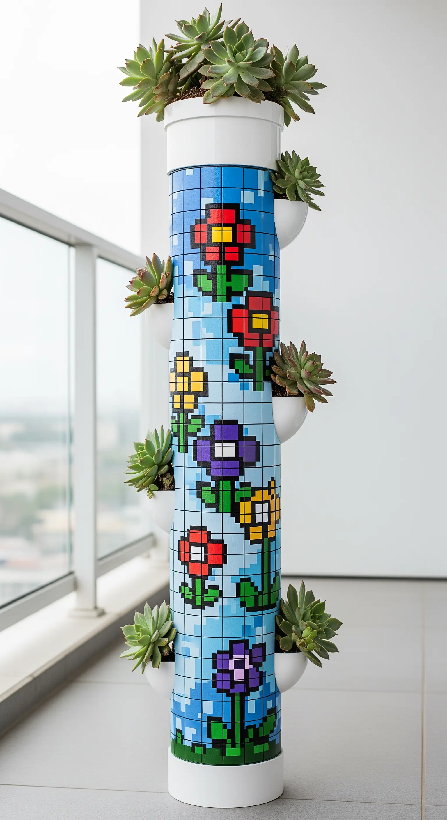 Torre fioriera in PVC decorata con un motivo a mosaico che crea fiori in pixel art.