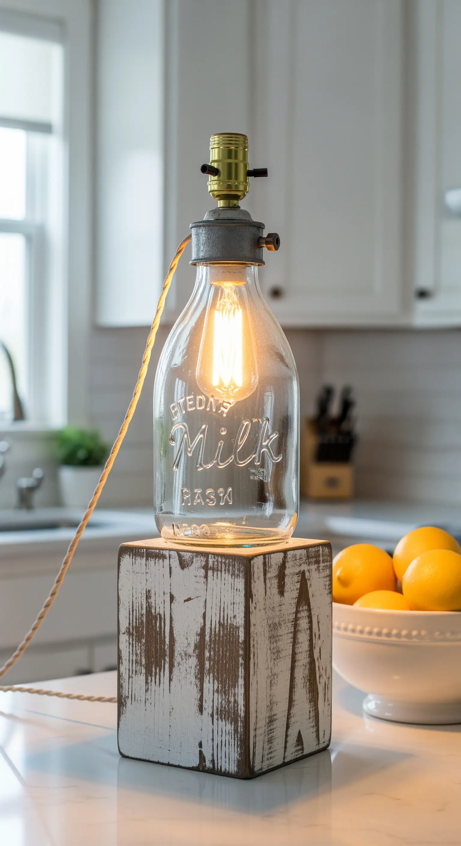 Lampada shabby chic con una vecchia bottiglia del latte su un cubo di legno decapato.