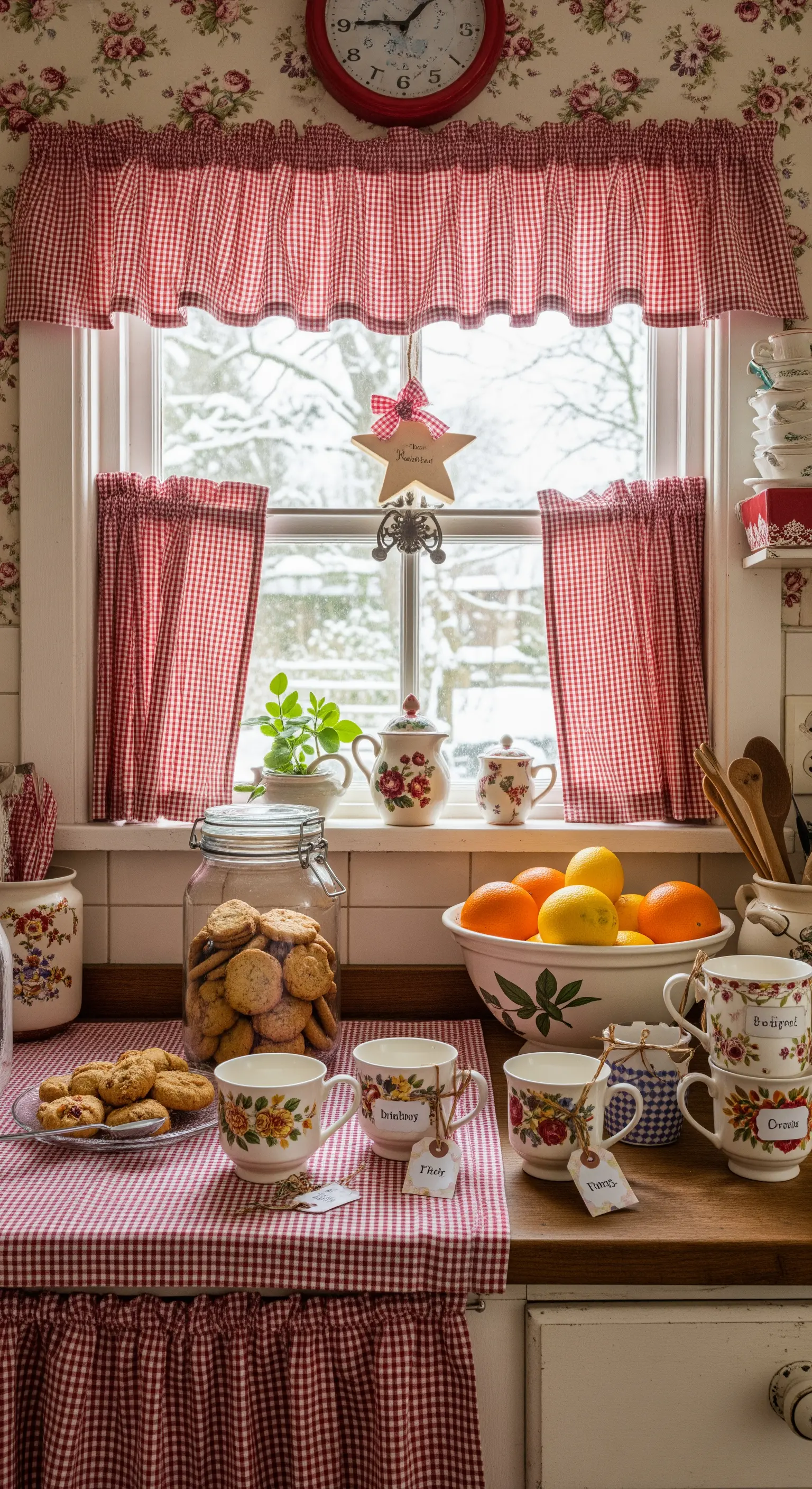 Cucina in stile country con tende e tovaglie a quadretti rossi, ceramiche floreali e biscotti fatti in casa.