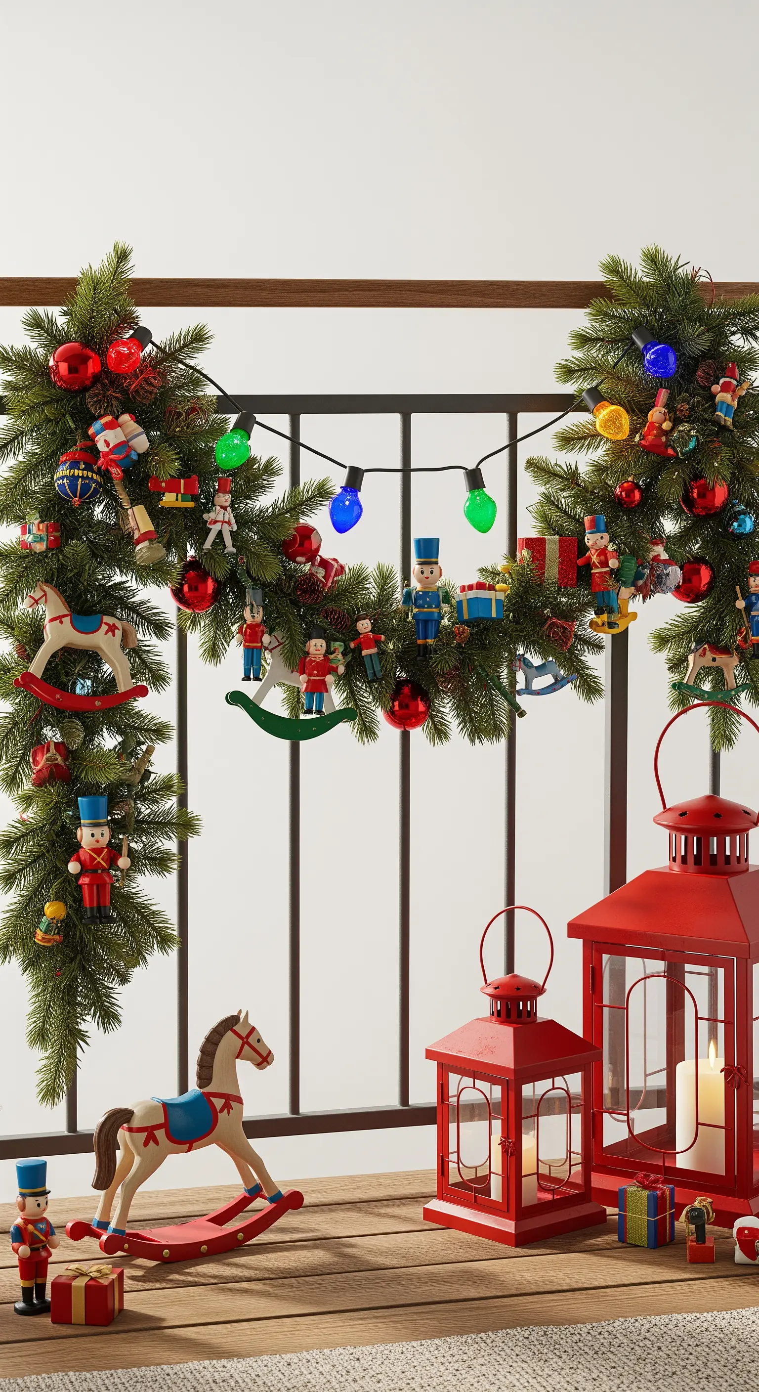Ghirlanda natalizia decorata con piccoli giocattoli di legno come soldatini e cavalli a dondolo
