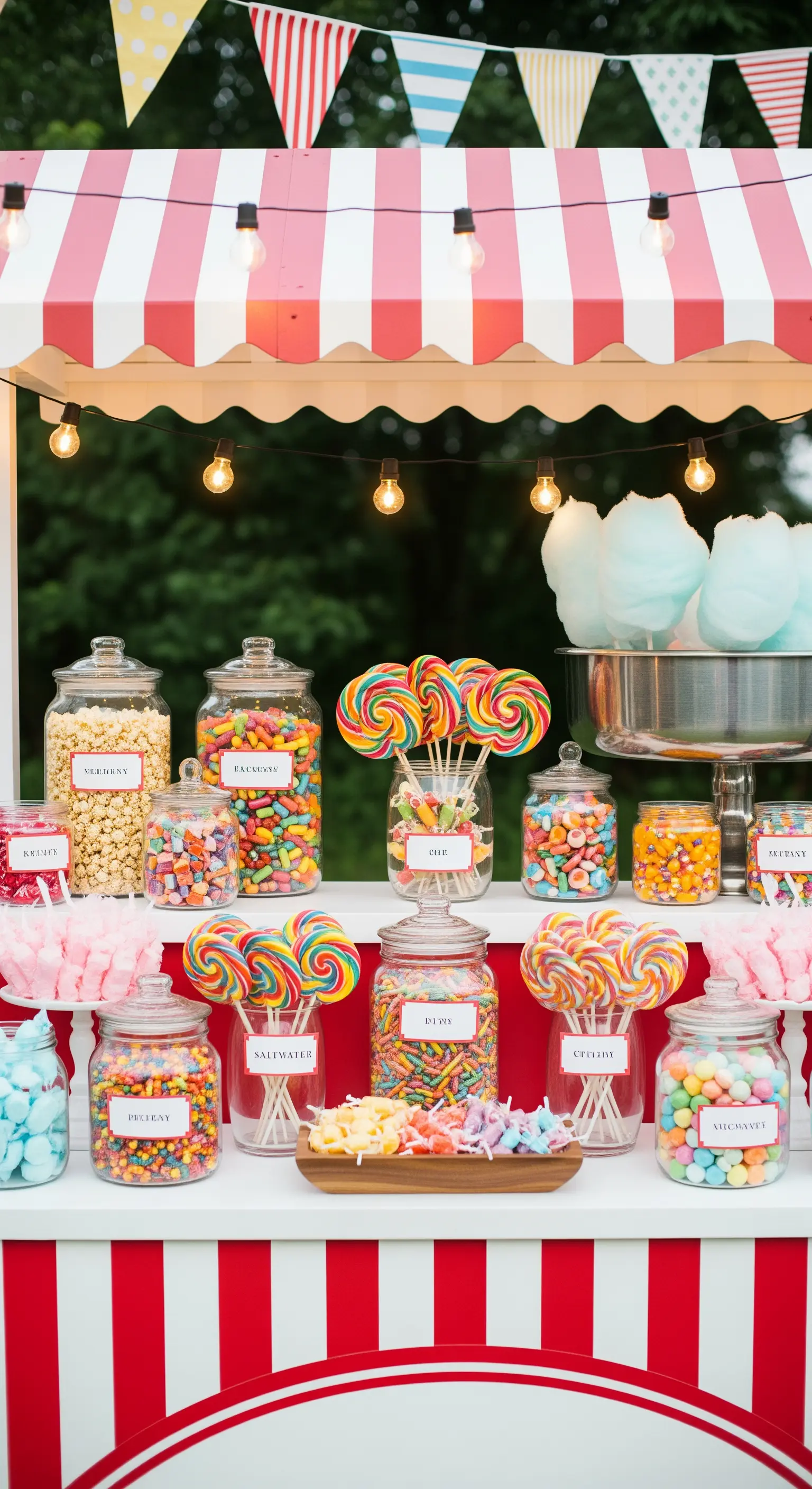 Carretto di caramelle in stile fiera con tenda a righe, luci a stringa e dolci tradizionali