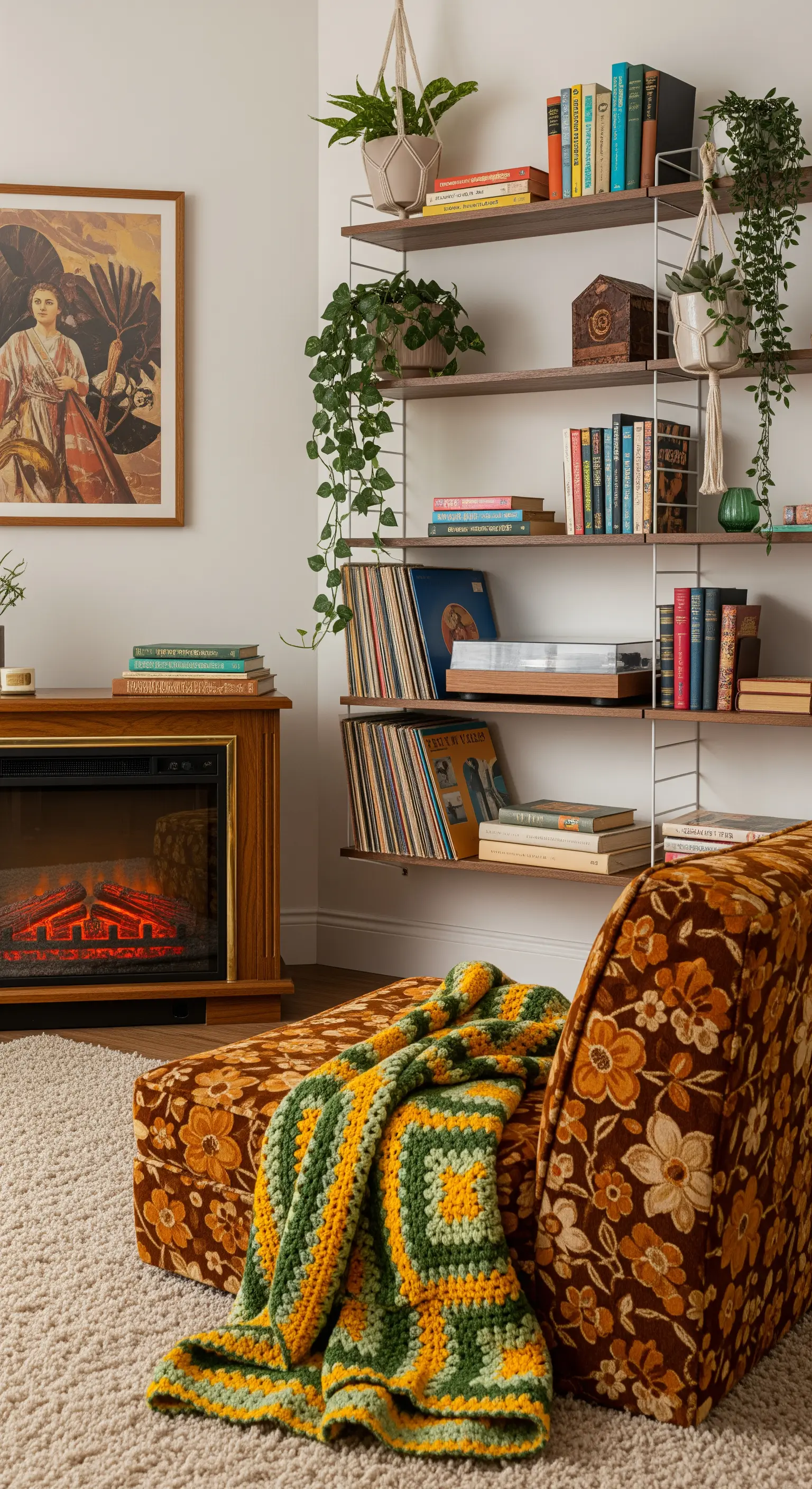 Angolo lettura anni '70 con chaise longue a fiori, mensole a sistema e piante ricadenti.