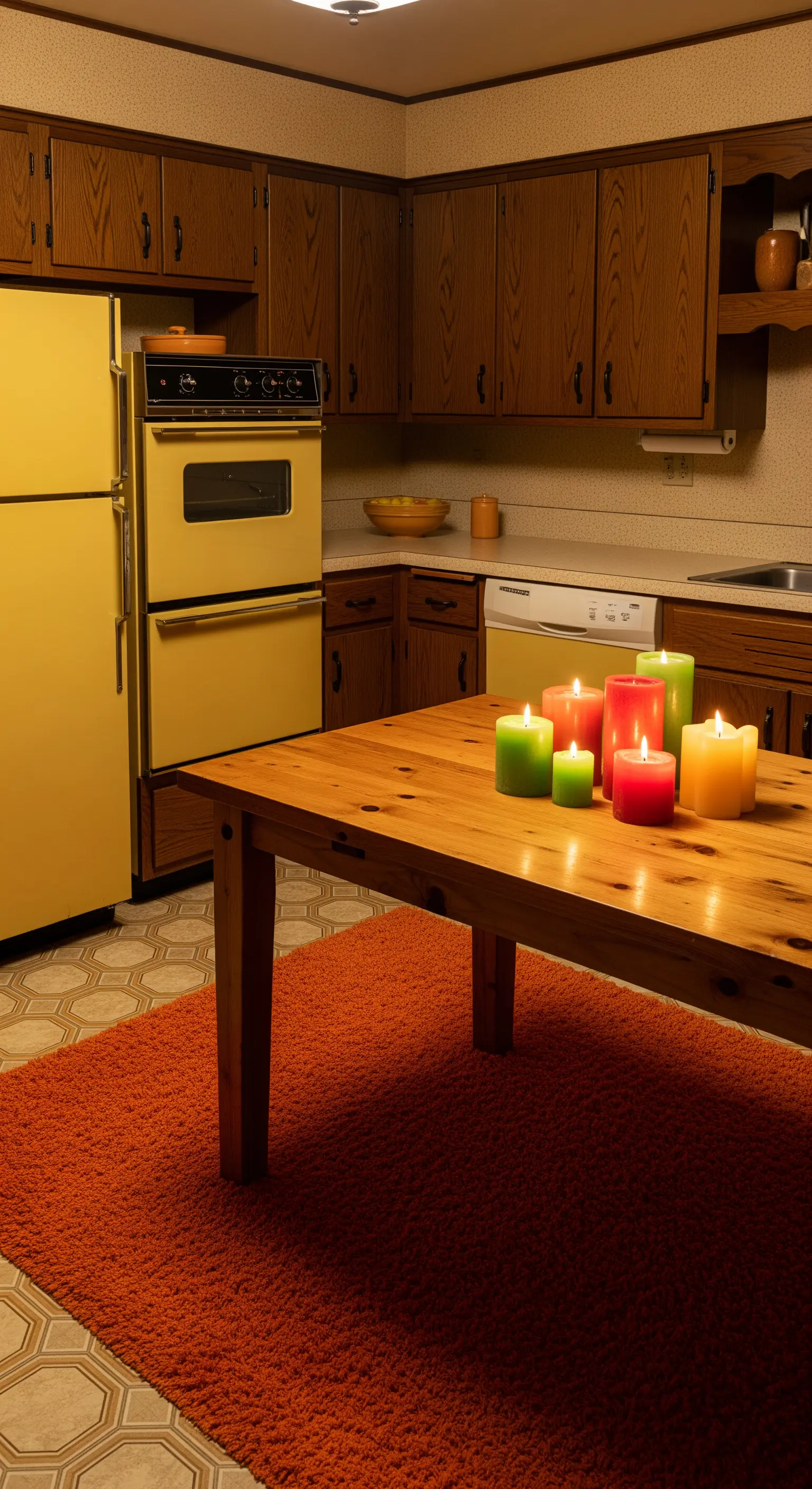 Cucina vintage anni '70 con mobili in legno scuro, elettrodomestici gialli e un tappeto arancione.