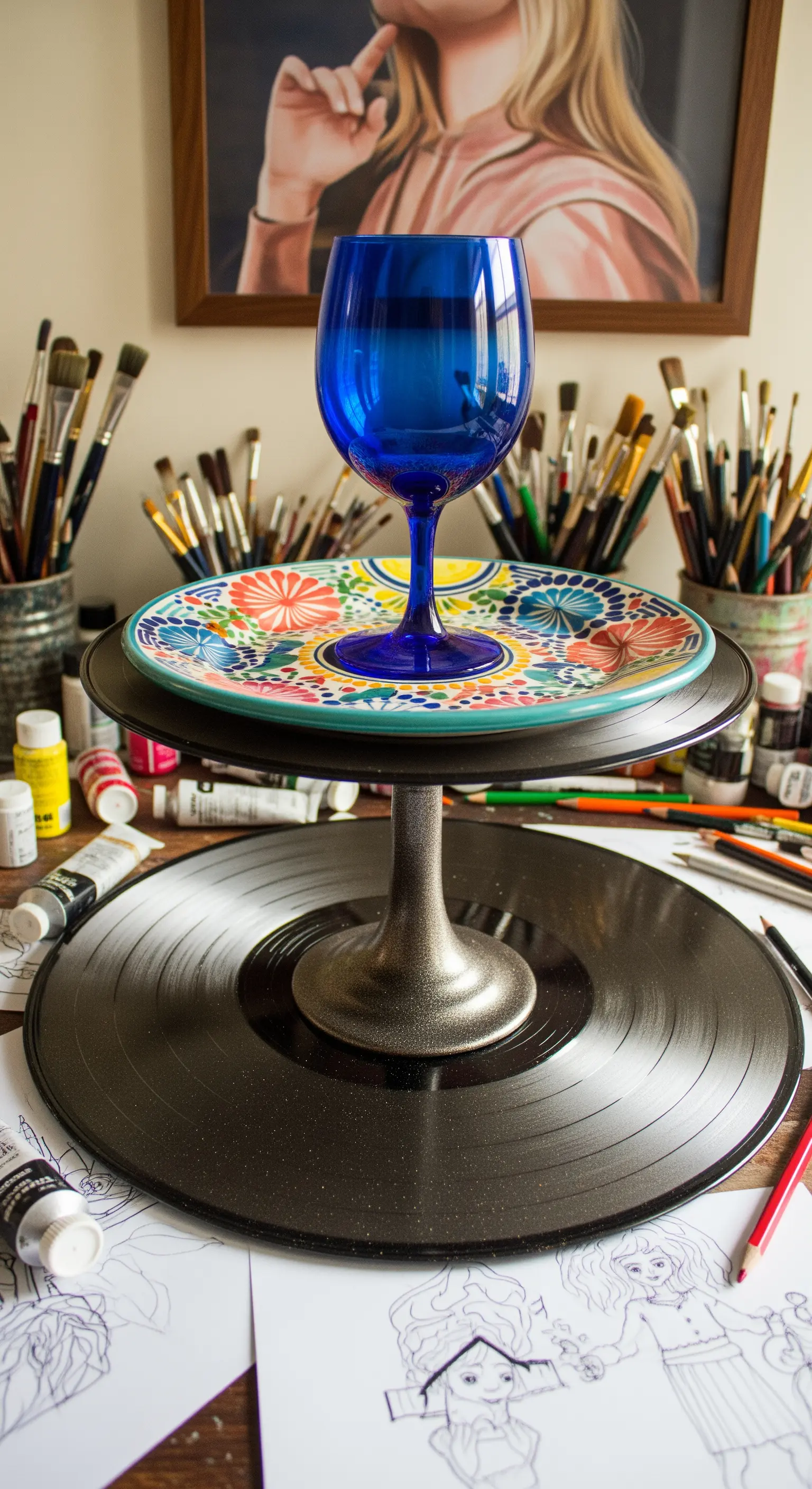 Alzata fai-da-te con base in vinile, piatto decorato e calice di vetro blu