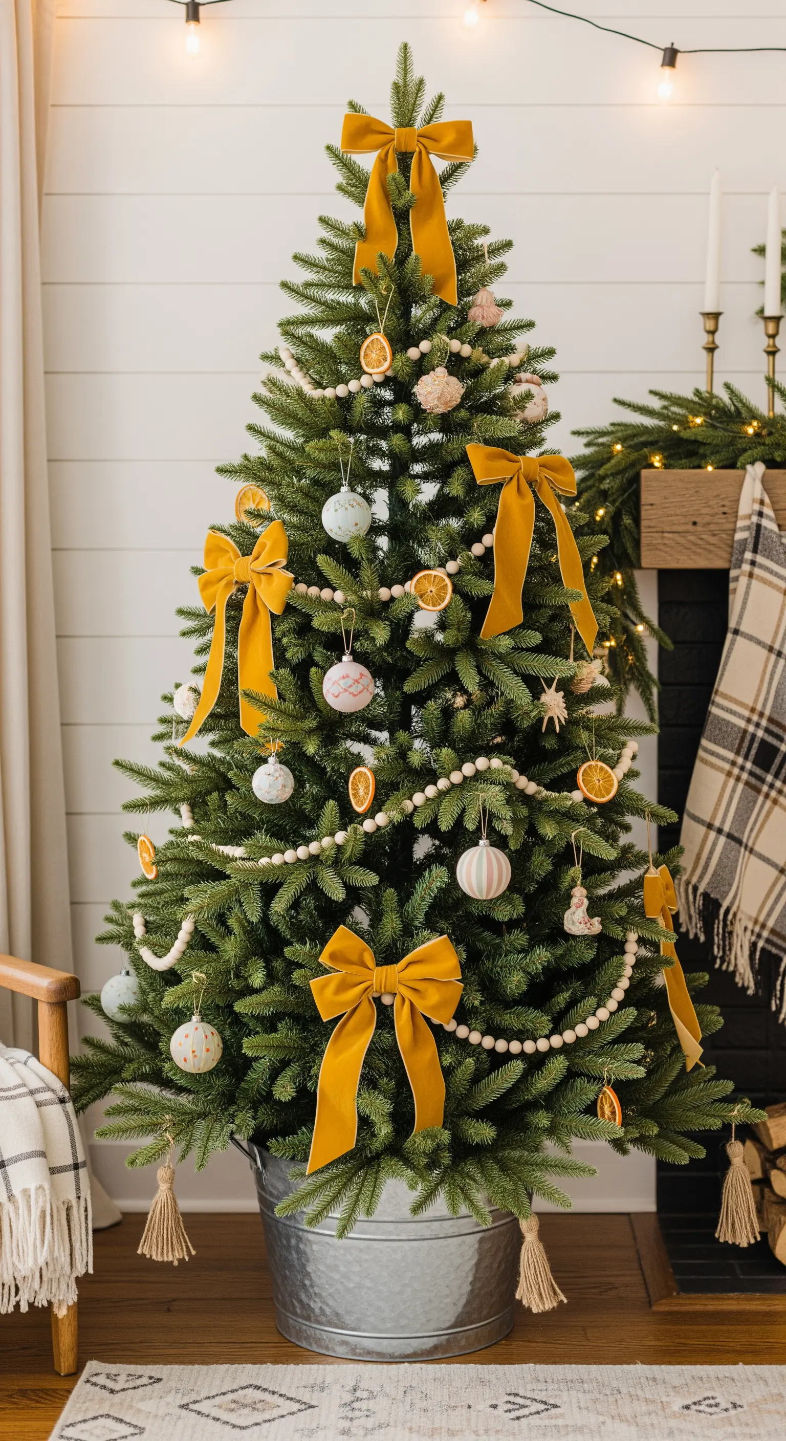 Albero di Natale con grandi fiocchi in velluto senape, arance essiccate e perle di legno