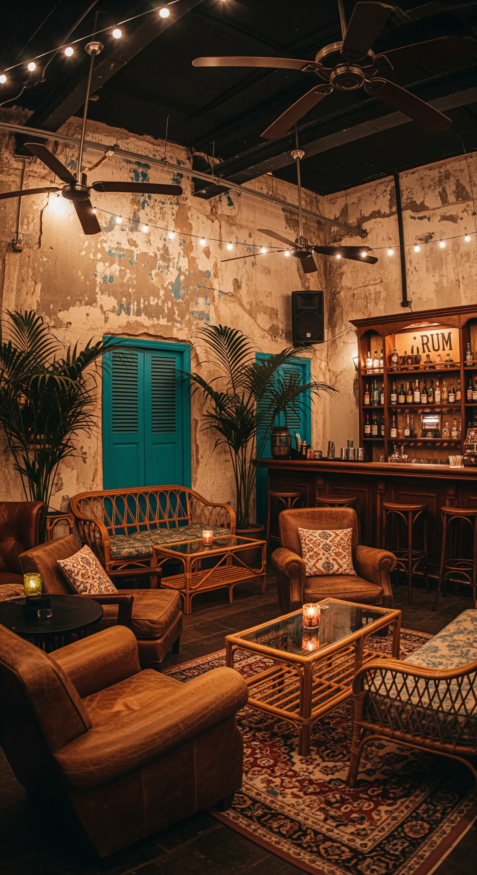 Lounge bar in stile cubano con mobili in rattan, piante di palma e luci a stringa.