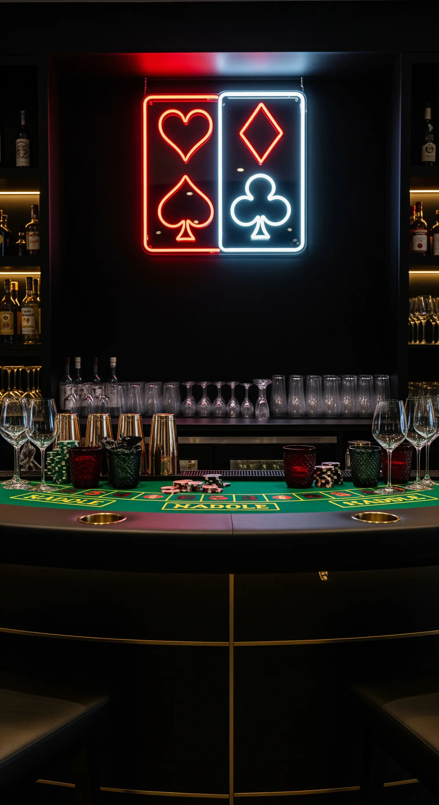 Bar a tema casinò con insegna al neon a forma di carte da gioco e tavolo da poker.
