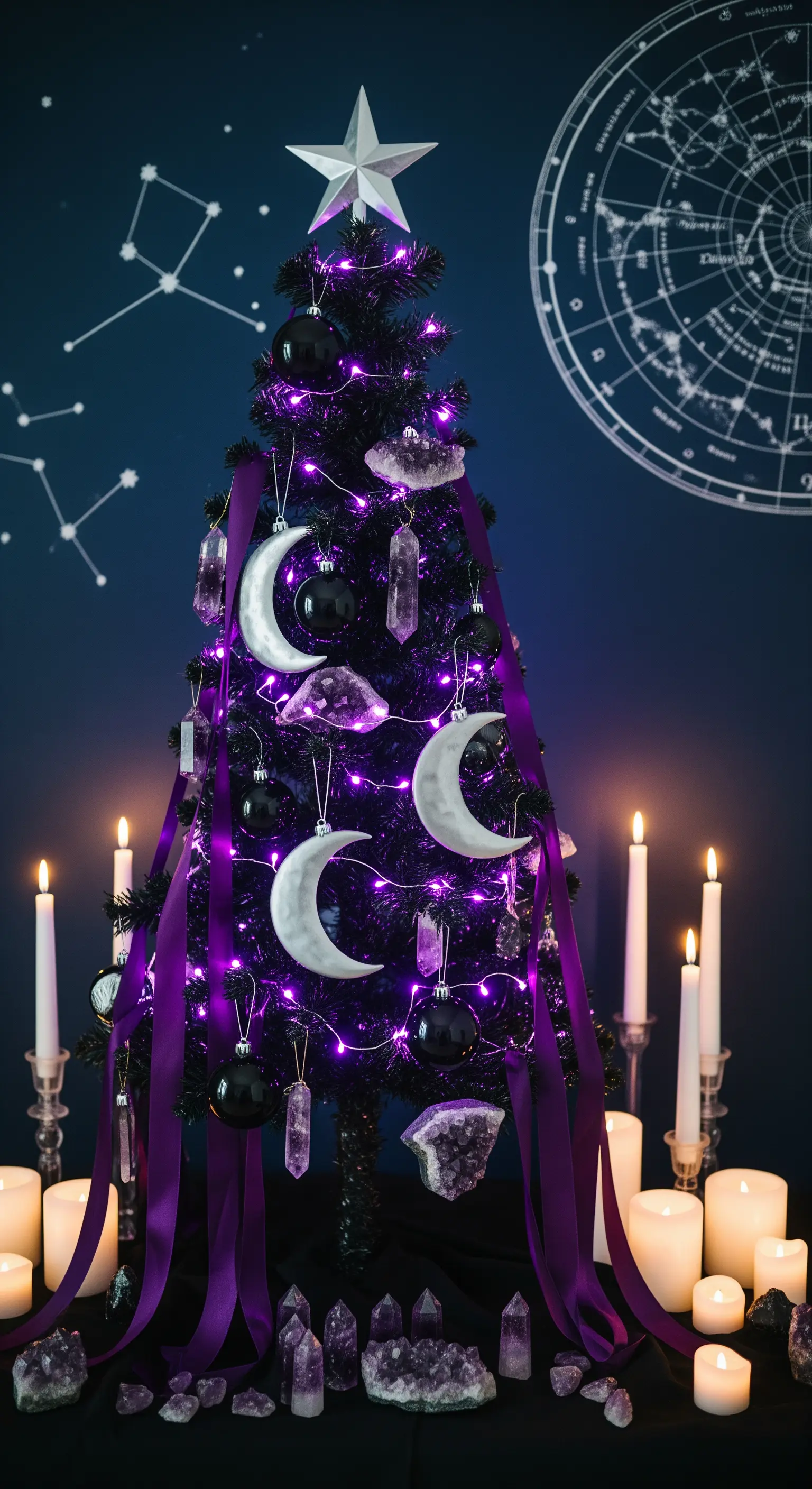 Albero di Natale nero con lune, cristalli di ametista e un cerchio di candele accese.