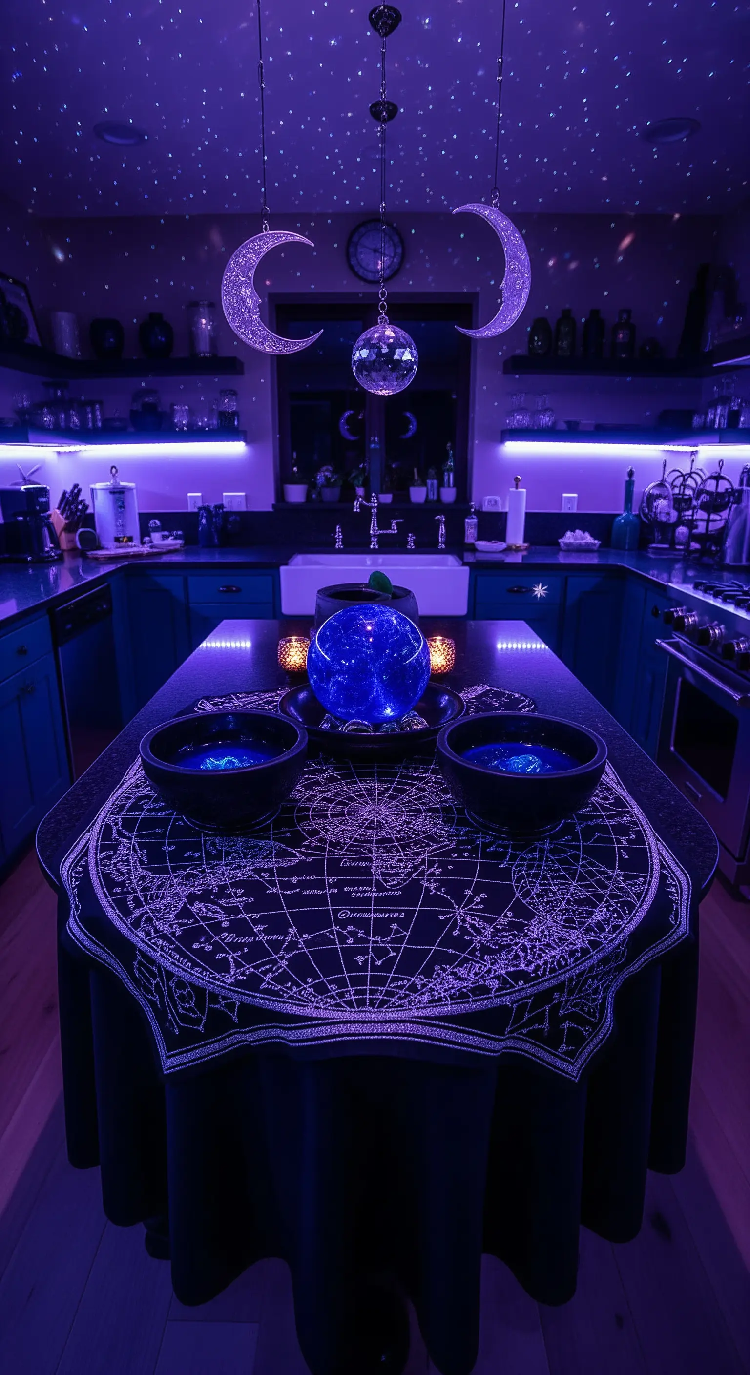 Cucina illuminata da luci viola e un proiettore di stelle, con una sfera di cristallo al centro.