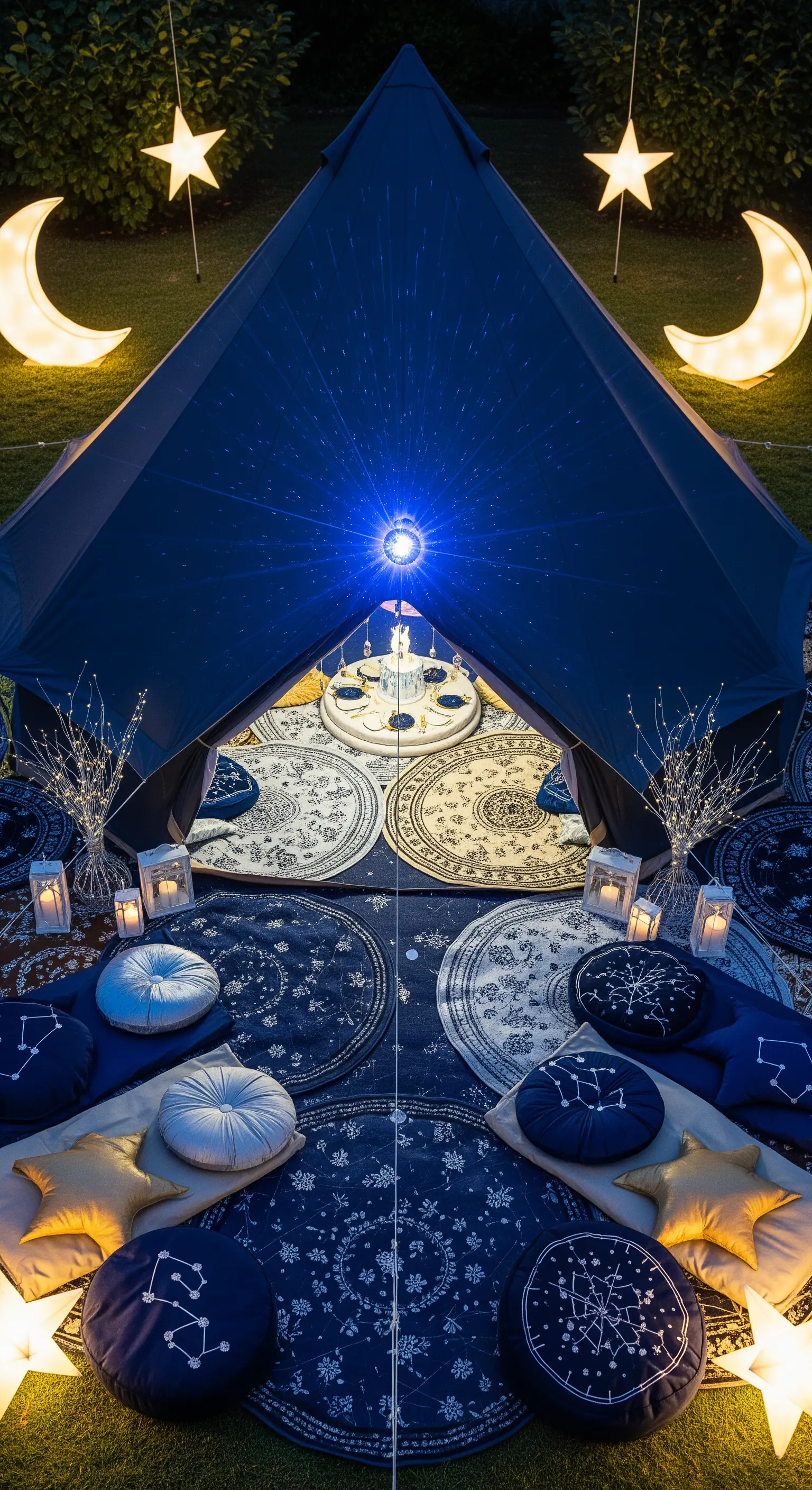 Tenda blu notte allestita a tema cosmico con proiettore di stelle, cuscini e lune luminose.