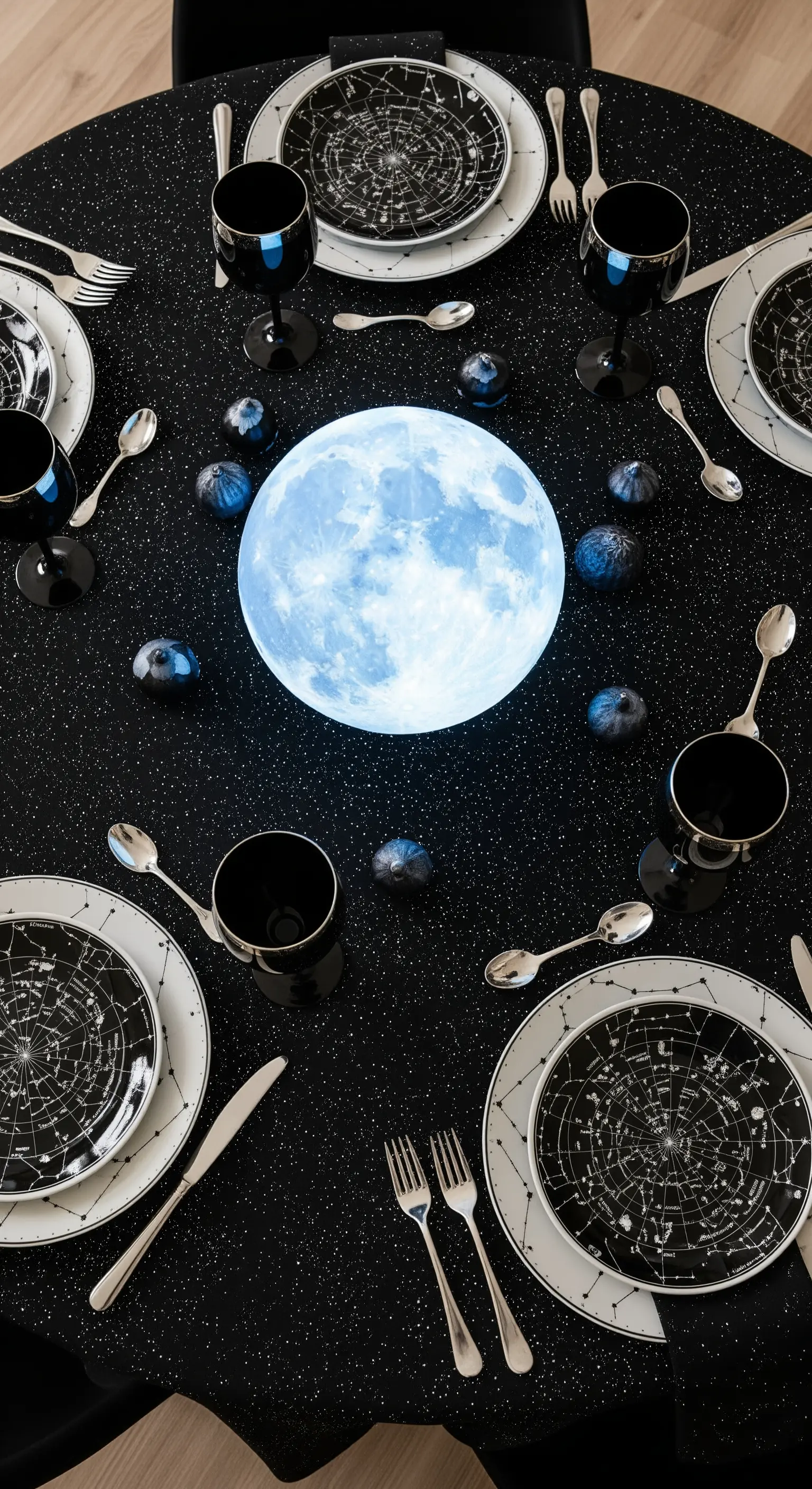 Tavola a tema spaziale con una lampada a forma di luna come centrotavola e piatti con costellazioni.