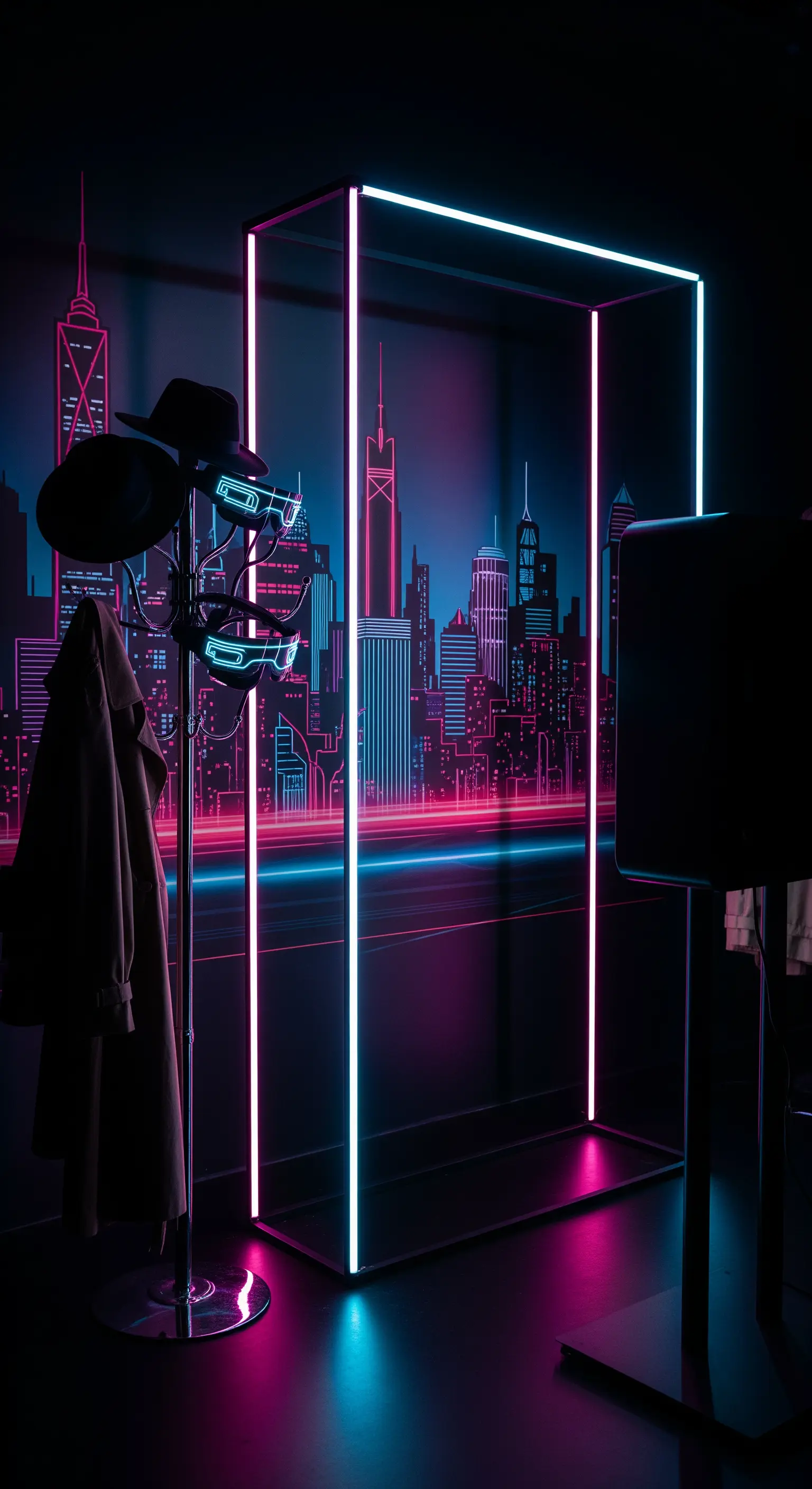 Photo booth futuristico con skyline al neon e una cornice rettangolare fatta di luci LED.