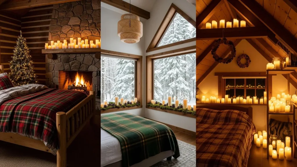 Camere da letto natalizie accoglienti con plaid tartan, candele calde e vista sulla neve. Atmosfera invernale perfetta.
