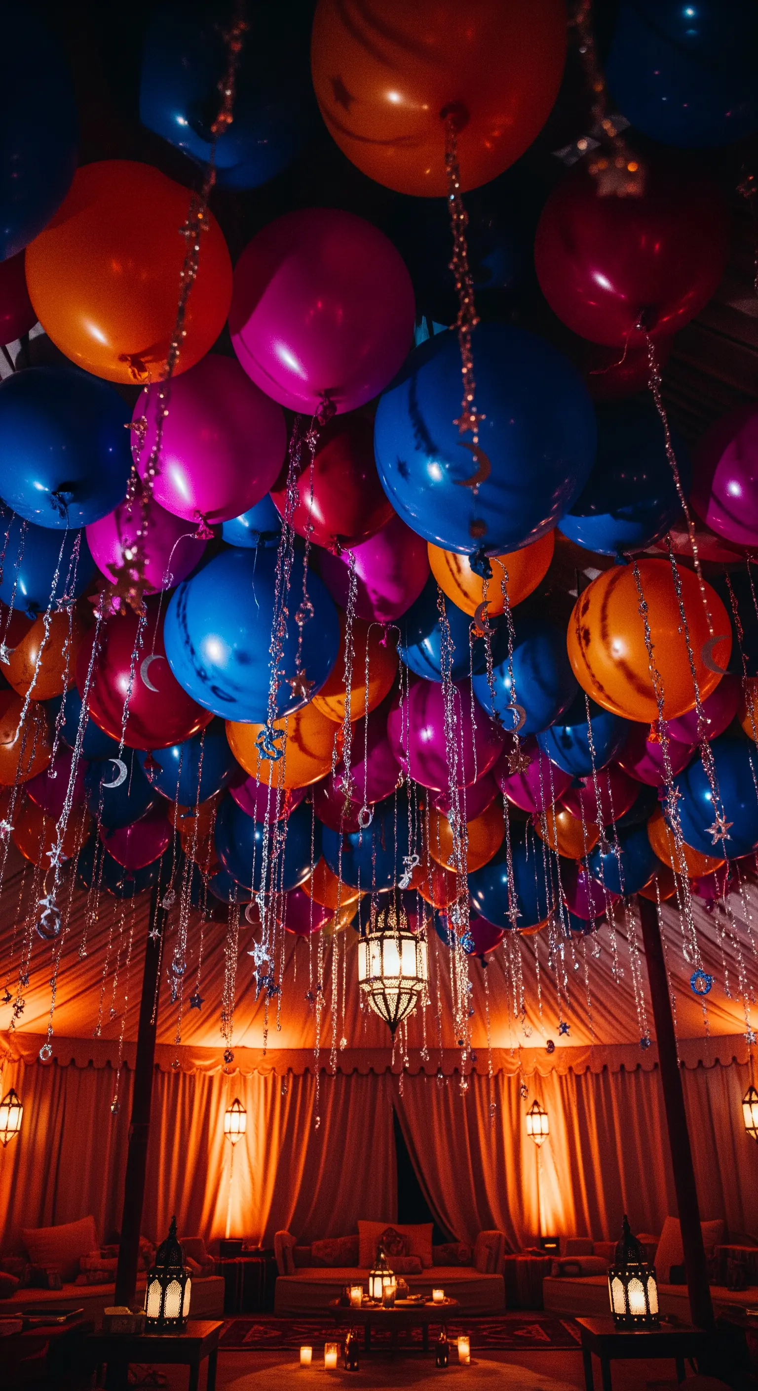 Soffitto di una tenda coperto da palloncini colorati e fili con stelle e lune pendenti.