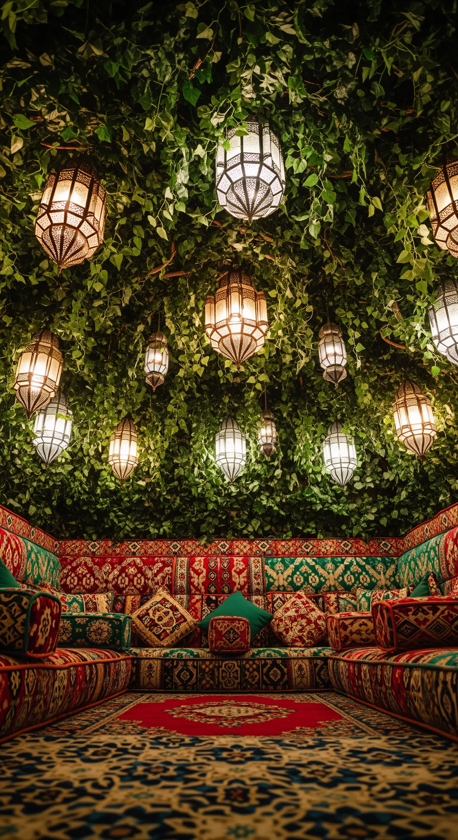 Salotto in stile marocchino con divani bassi, tappeti persiani e lanterne che pendono da un soffitto verde.