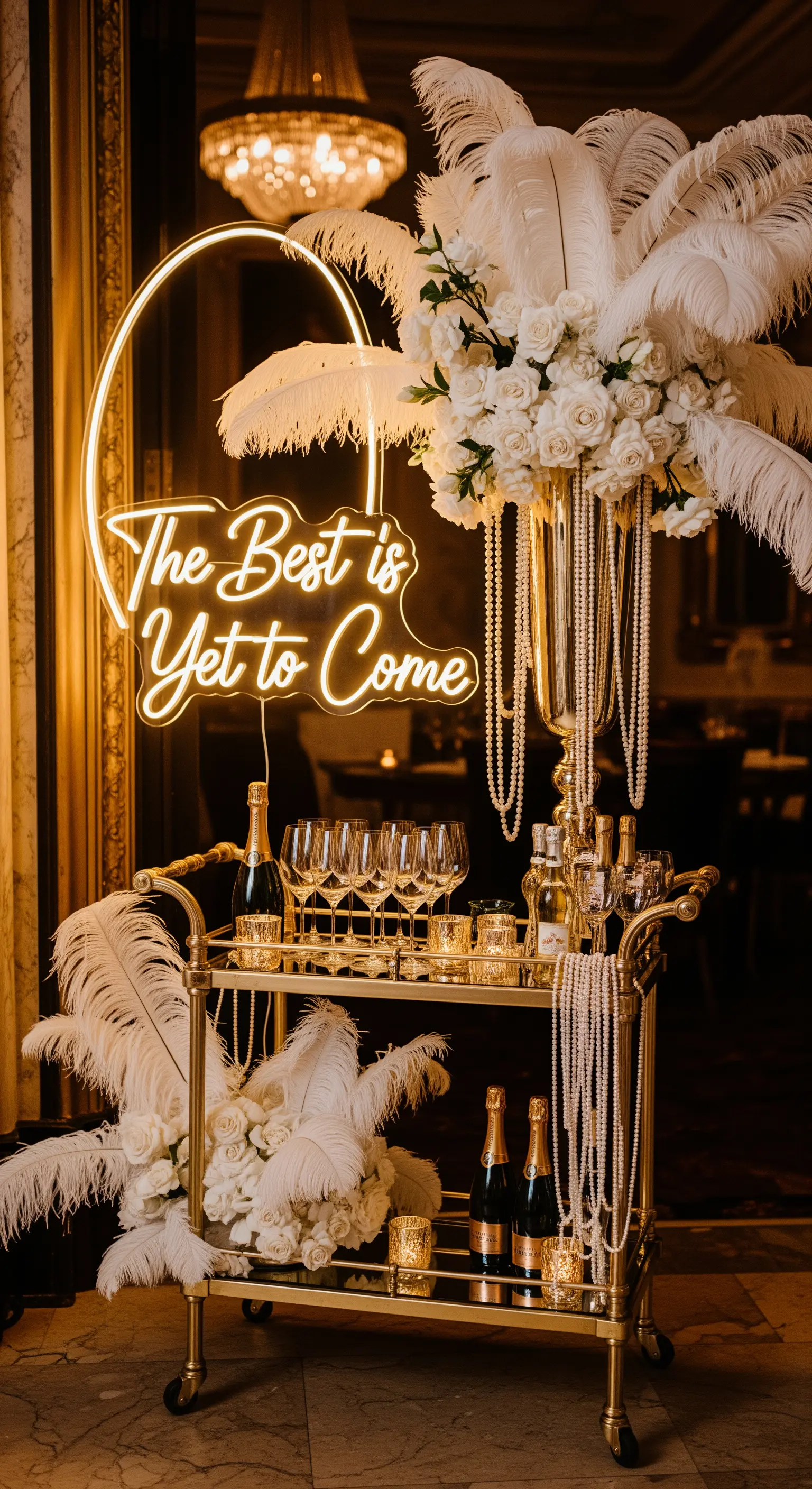 Carrello bar dorato con piume, perle, rose e insegna 