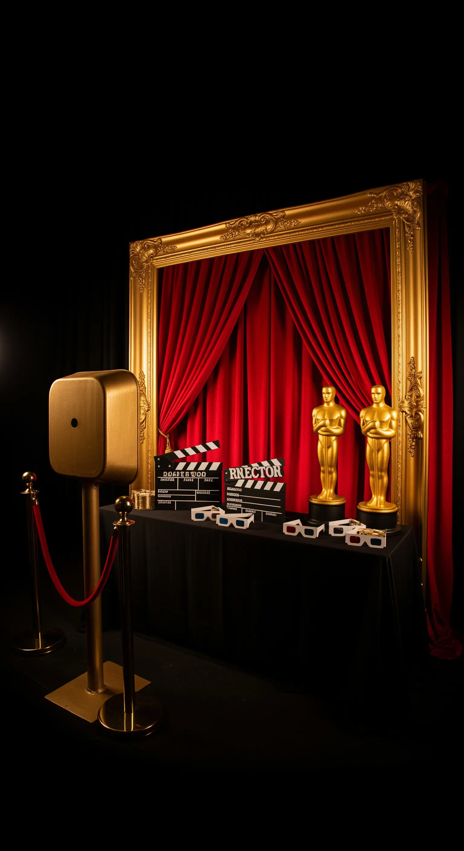 Cornice dorata barocca con sfondo di velluto rosso e accessori a tema cinema.