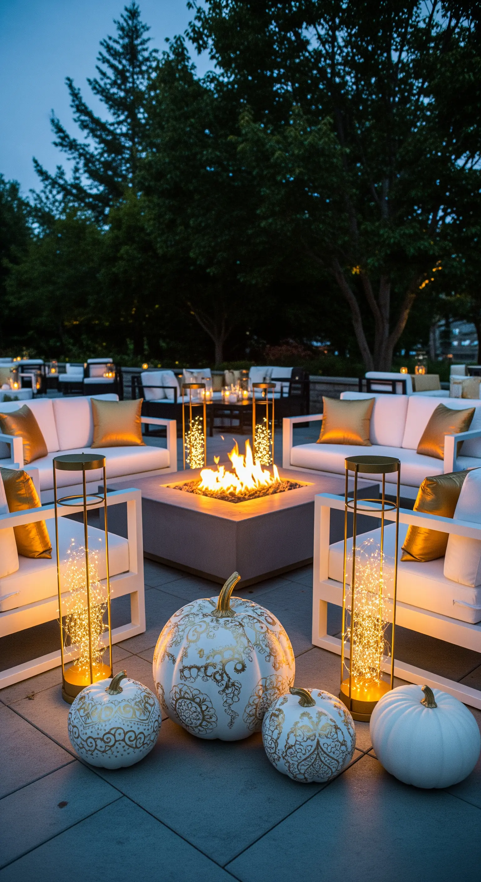 Patio serale con braciere, divani bianchi e zucche decorate