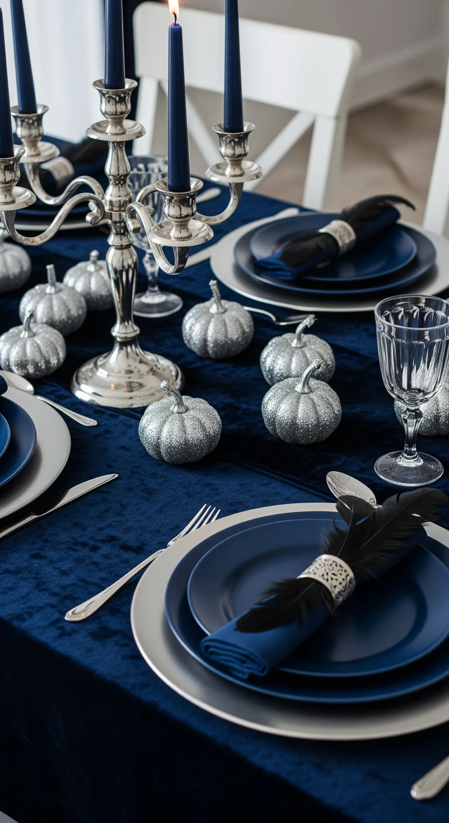 Tavola in velluto blu con zucche argento e candelabro.