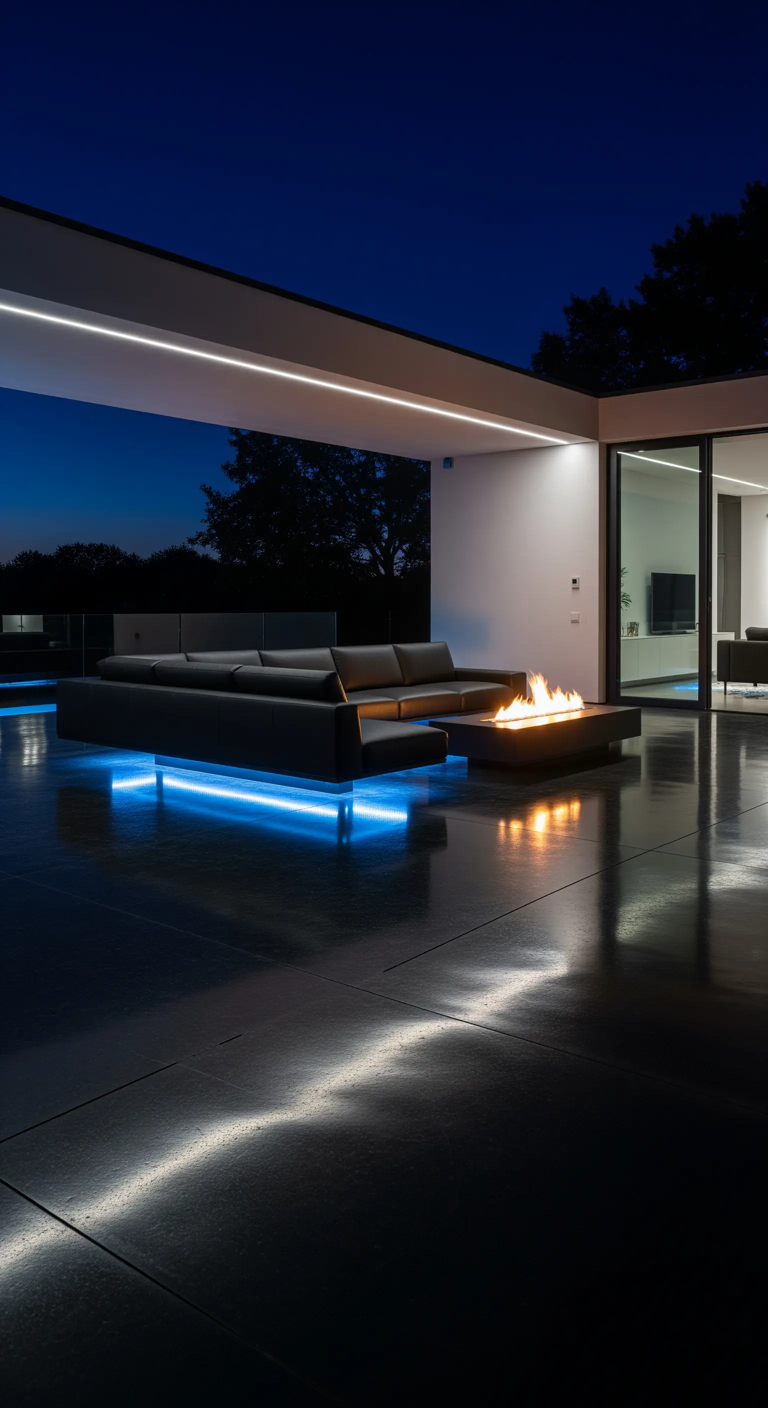 Terrazza moderna con pavimento scuro, divano nero e illuminazione a LED blu integrata sotto la seduta