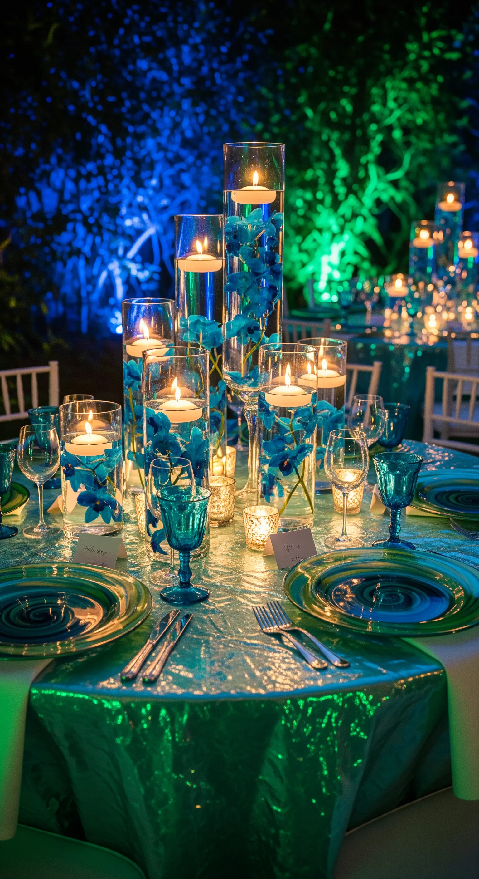 Centrotavola con candele galleggianti in vasi pieni d'acqua e orchidee blu.