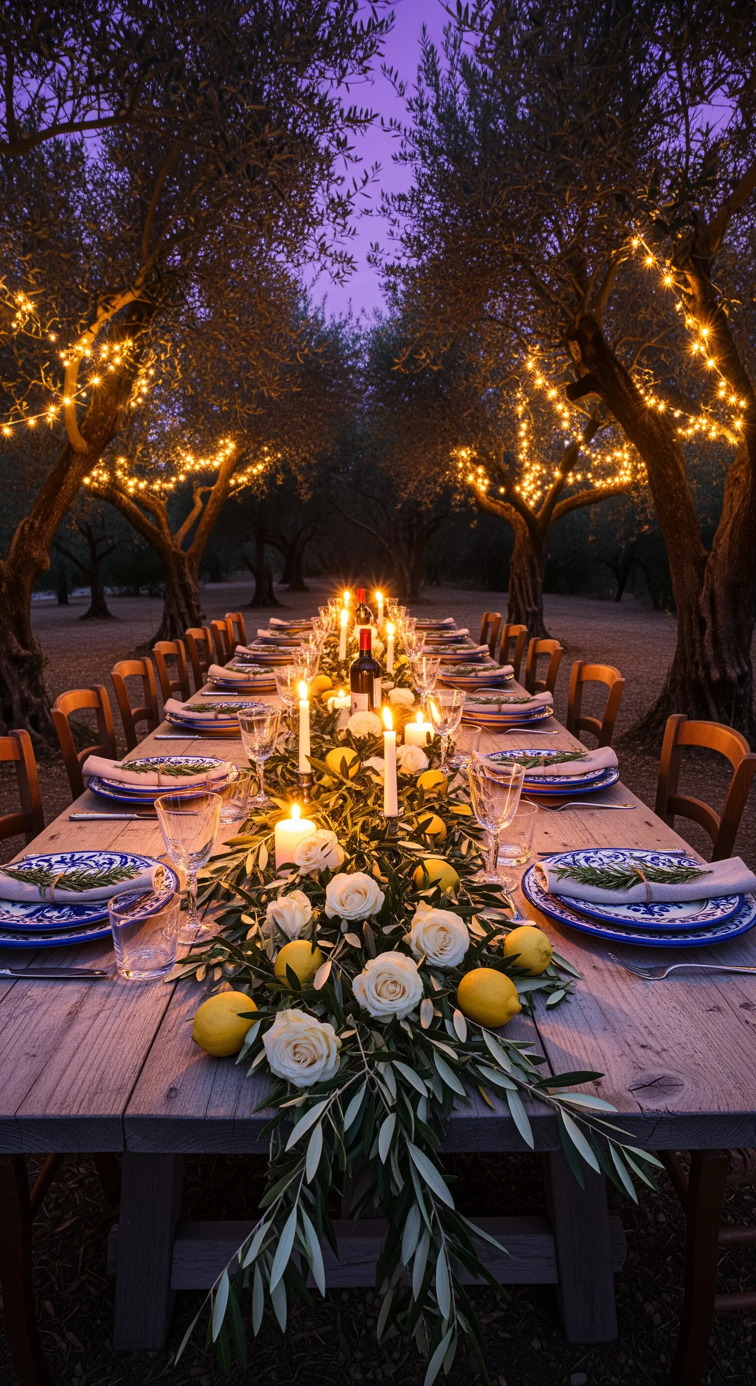 Lunga tavolata in un uliveto illuminata da fili di luci e candele.