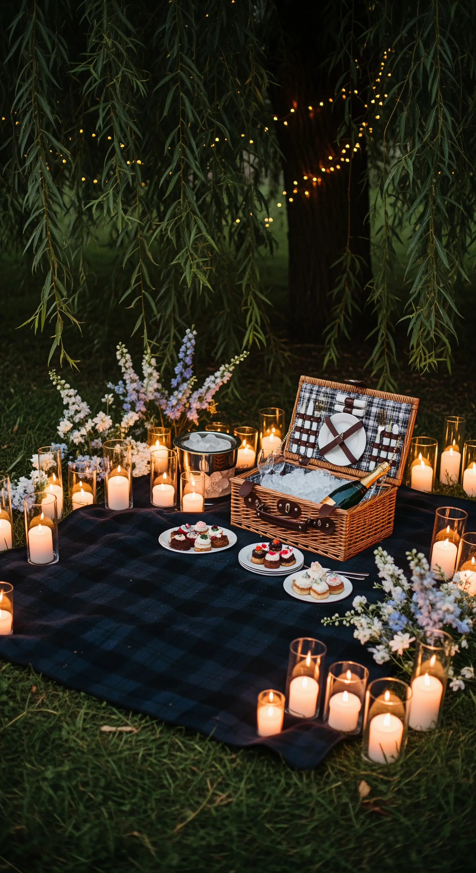 Picnic notturno illuminato da decine di candele, con champagne e fiori bianchi