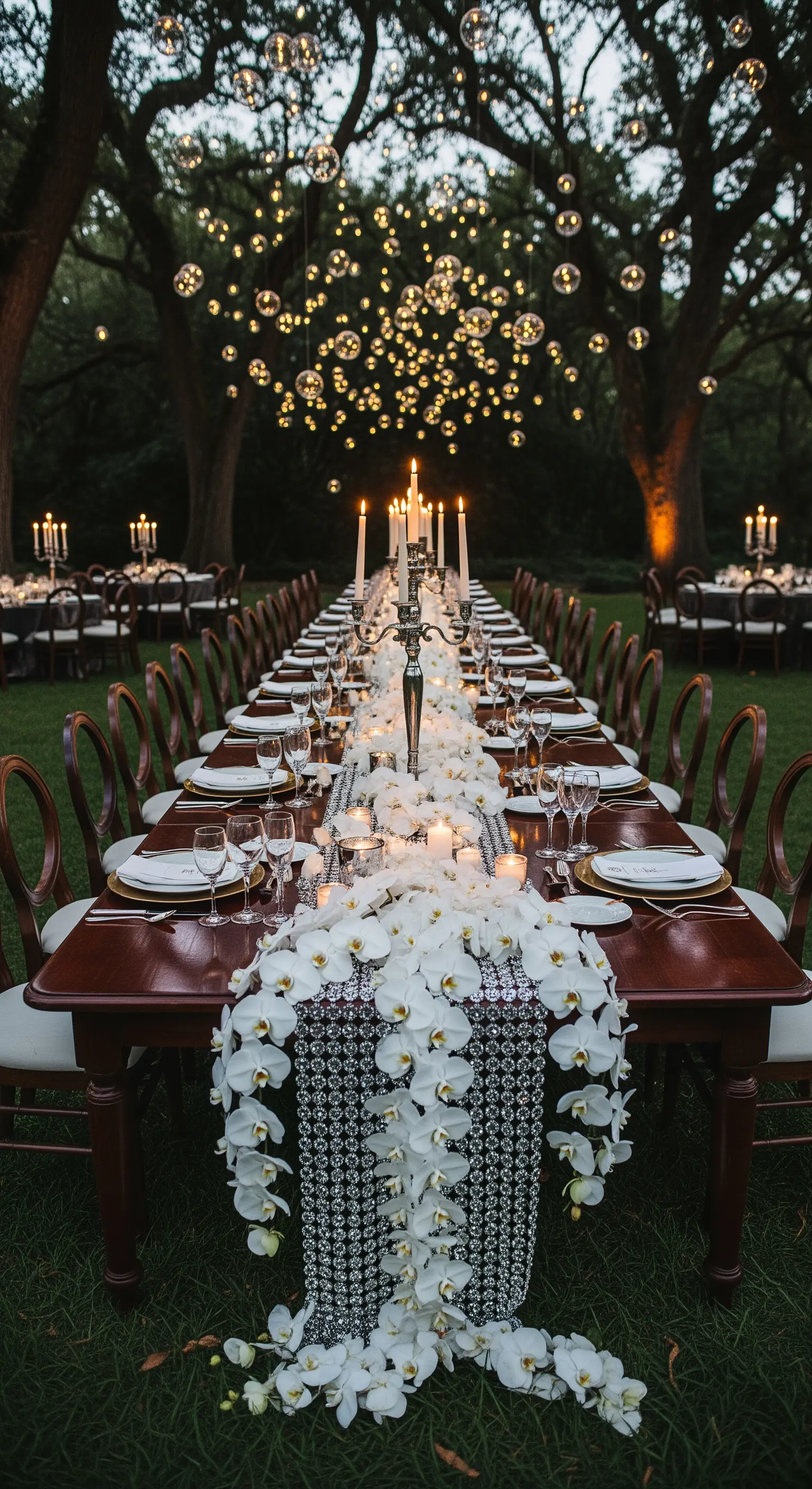 Tavolo imperiale in un giardino di notte con runner di cristalli e orchidee bianche.