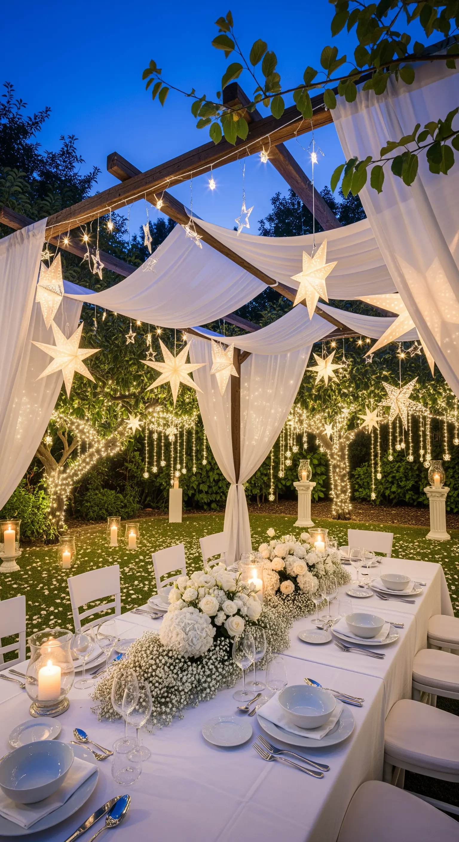 Tavolata sotto una pergola decorata con tende bianche, luci a cascata e stelle luminose.
