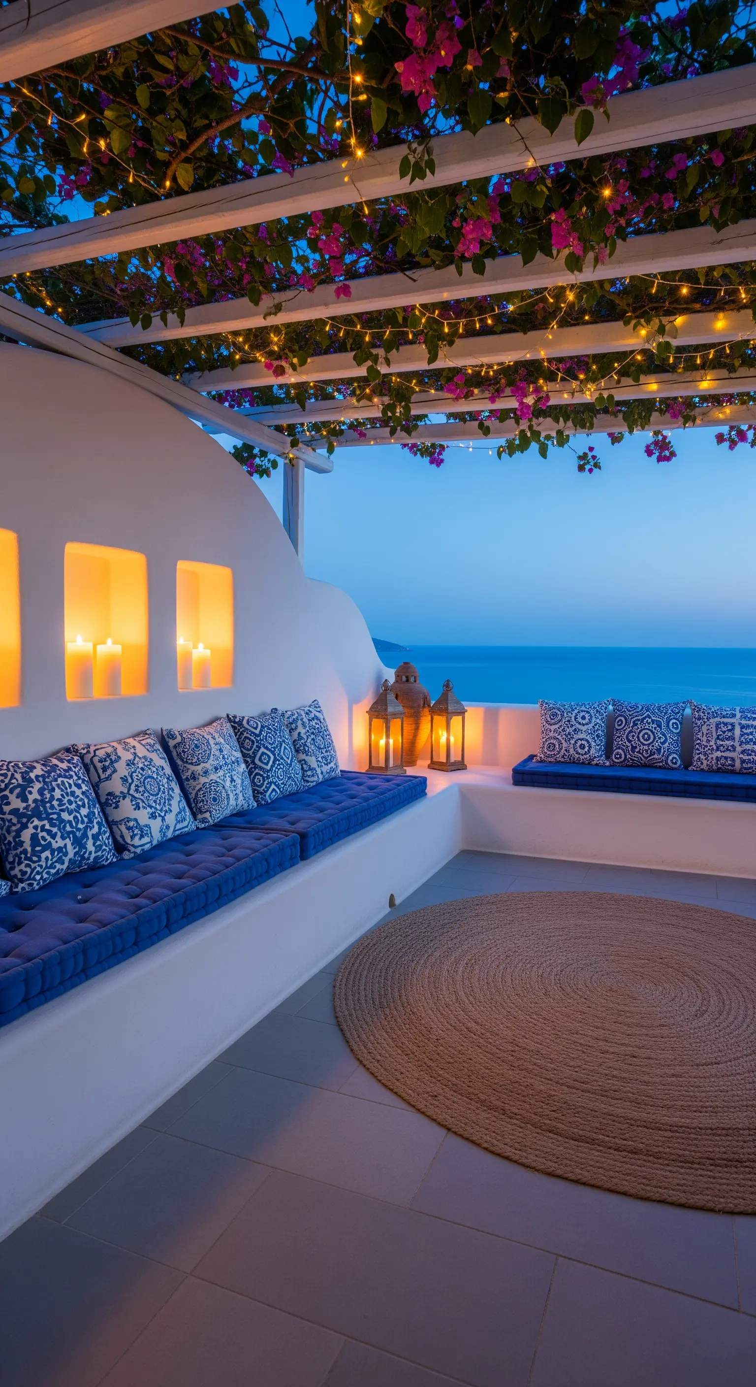 Terrazza in stile mediterraneo con sedute in muratura bianche, cuscini blu e vista sul mare.