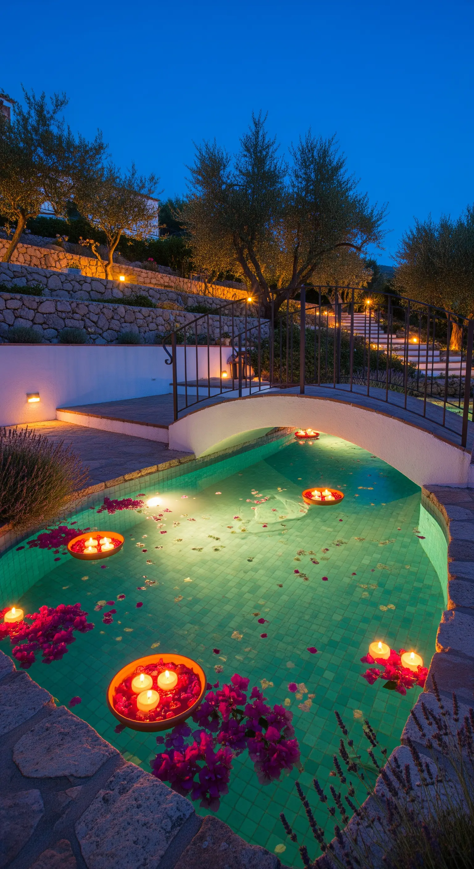Piscina in stile mediterraneo con ponticello, candele galleggianti e petali di bouganville.