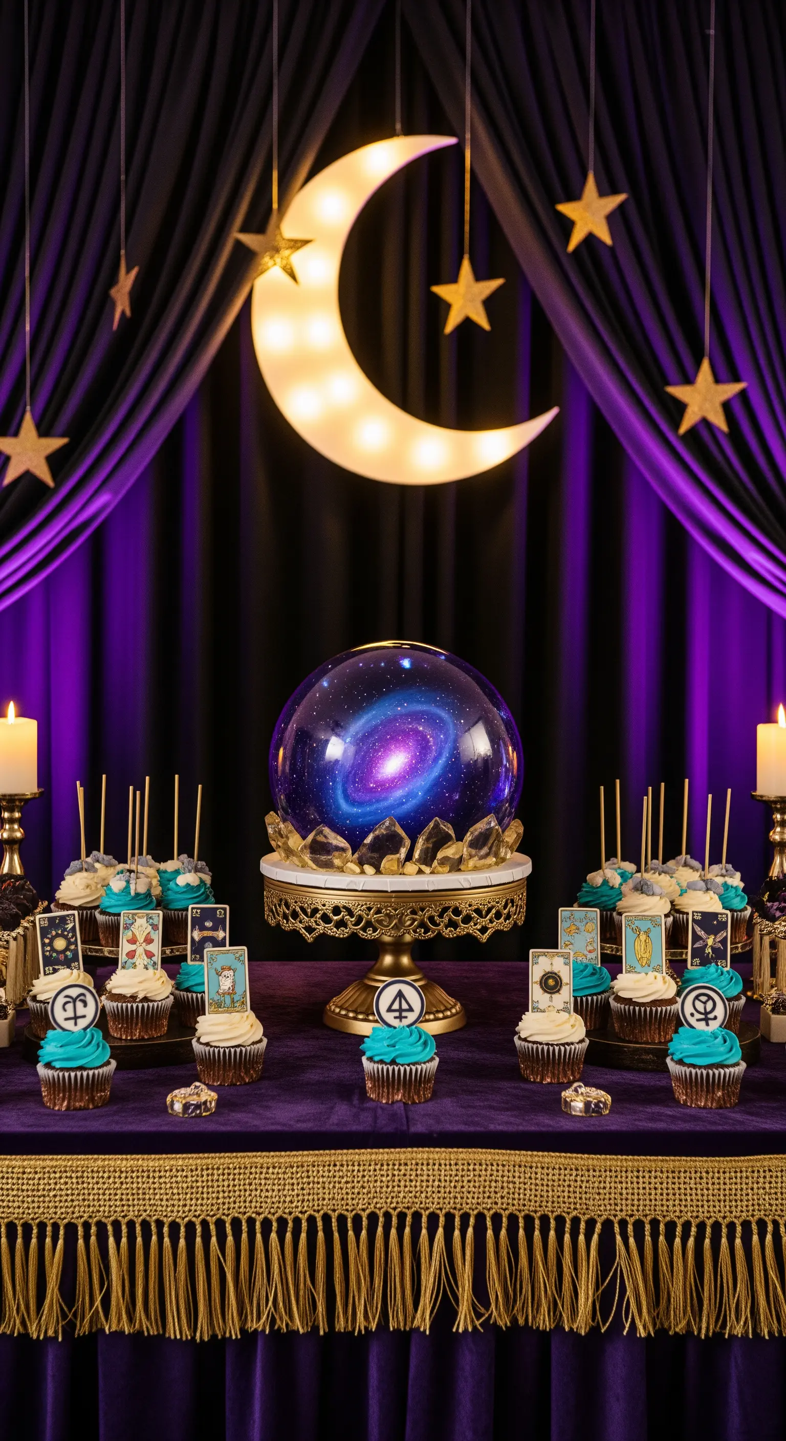Tavolo da veggente con torta a sfera di cristallo, sfondo viola, luna luminosa e tarocchi