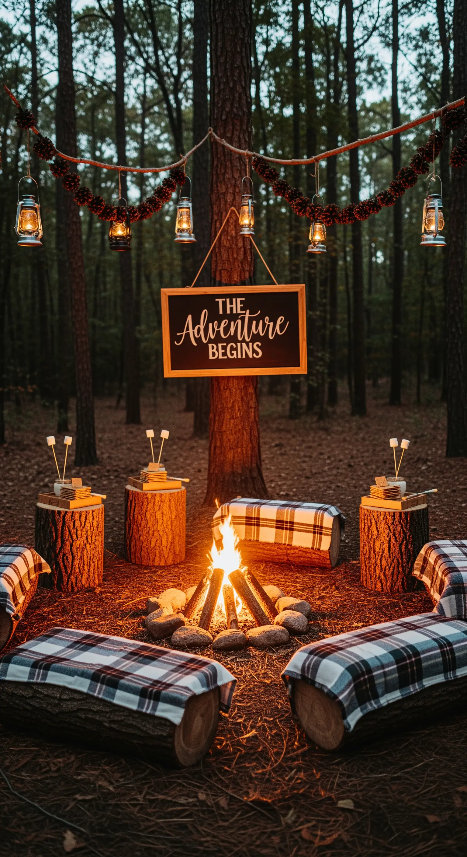 Allestimento nel bosco con falò, tronchi coperti da plaid e lanterne appese.