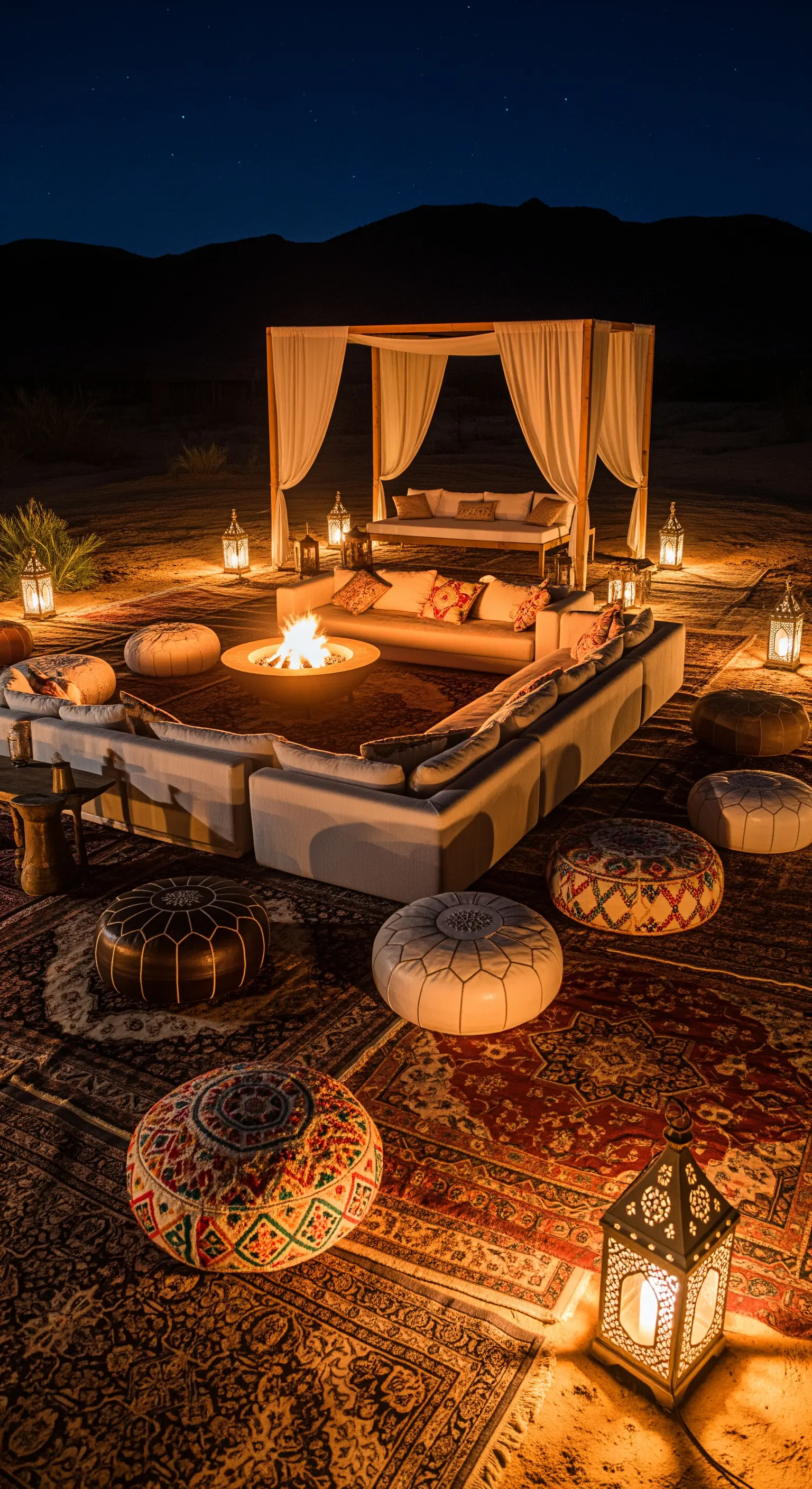 Allestimento notturno nel deserto con braciere, divani, tappeti persiani e lanterne.