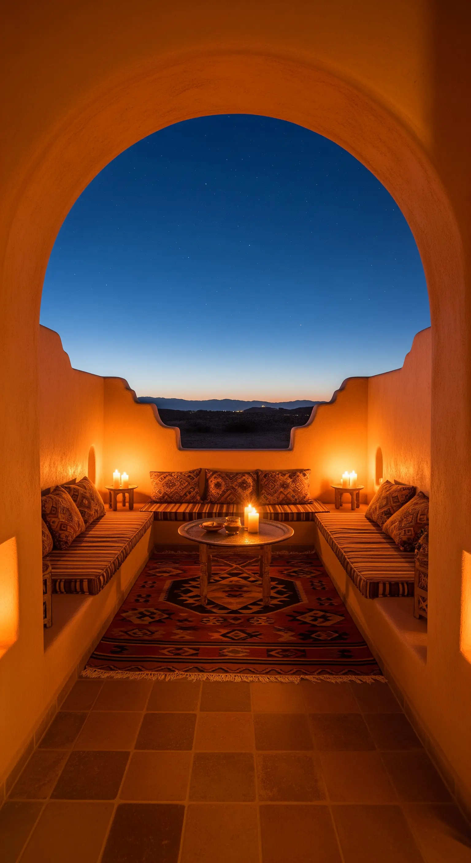 Terrazza in stile desertico con nicchia ad arco, sedute in muratura e tappeto kilim.