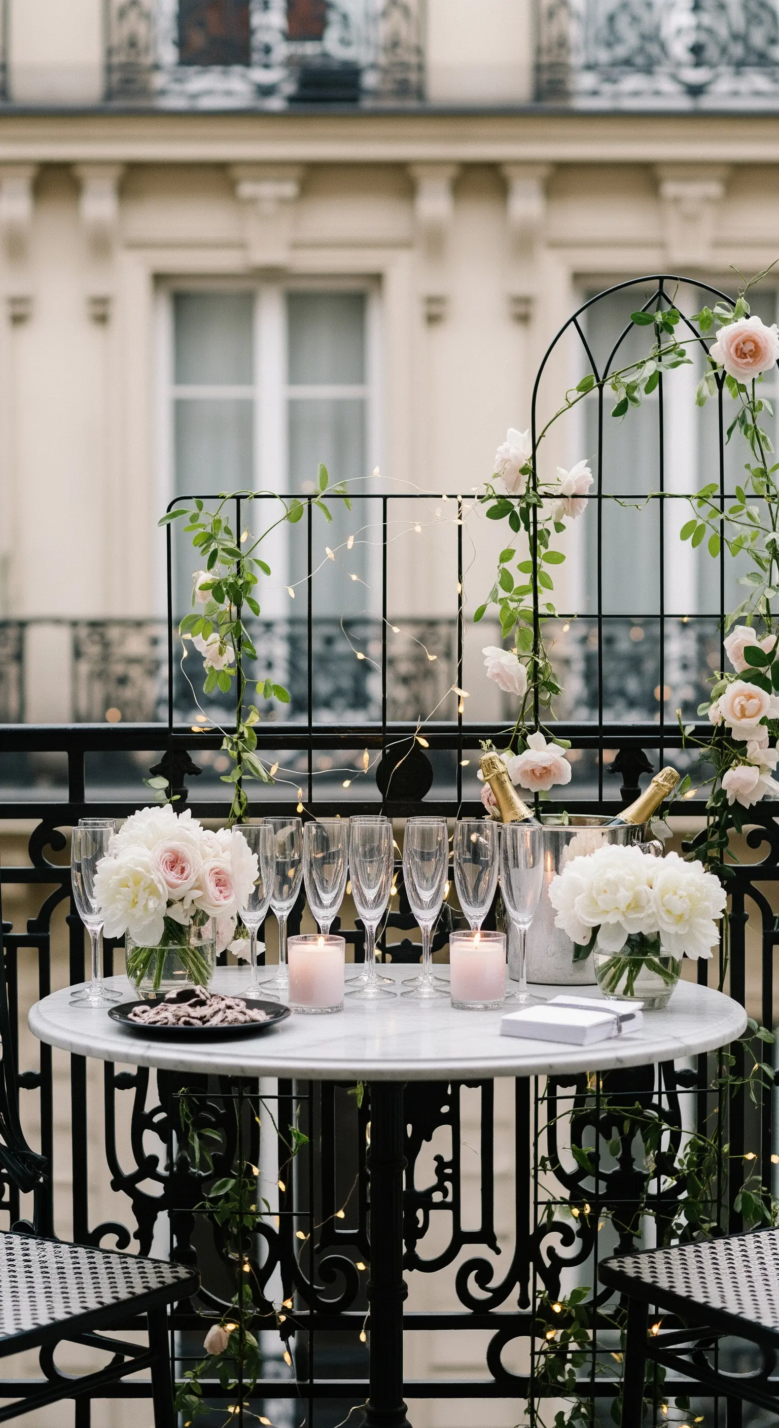Tavolino da bistrò su un balcone parigino, con rose rampicanti, candele e champagne.