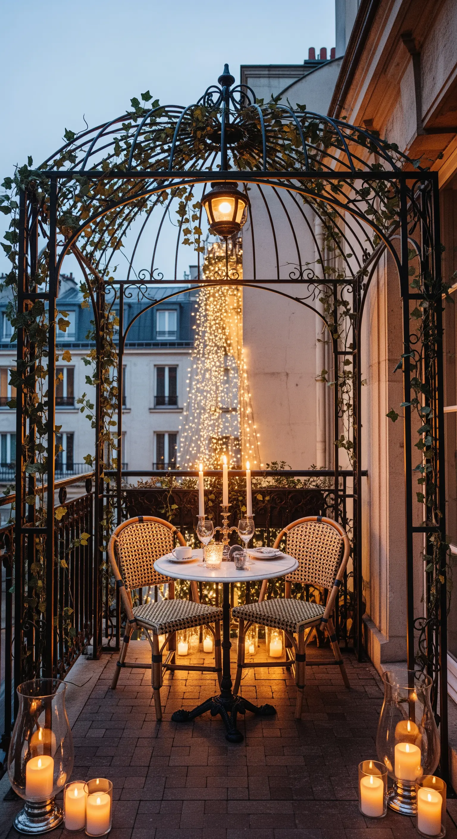 Balcone parigino con un piccolo gazebo in ferro, tavolo bistrot e decine di candele accese.