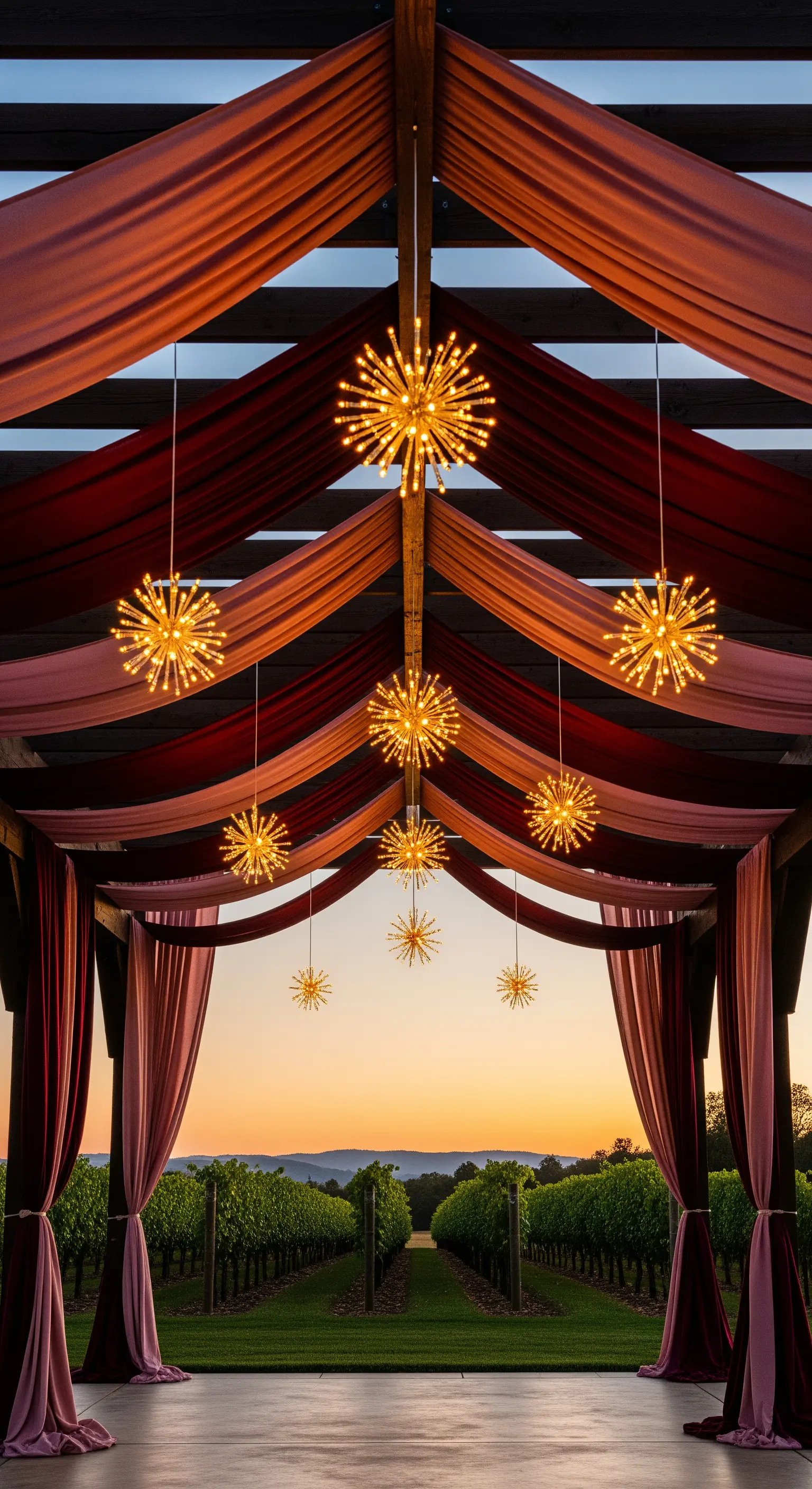 Pergolato con sontuosi drappeggi rossi e rosa e lampadari a forma di stella.